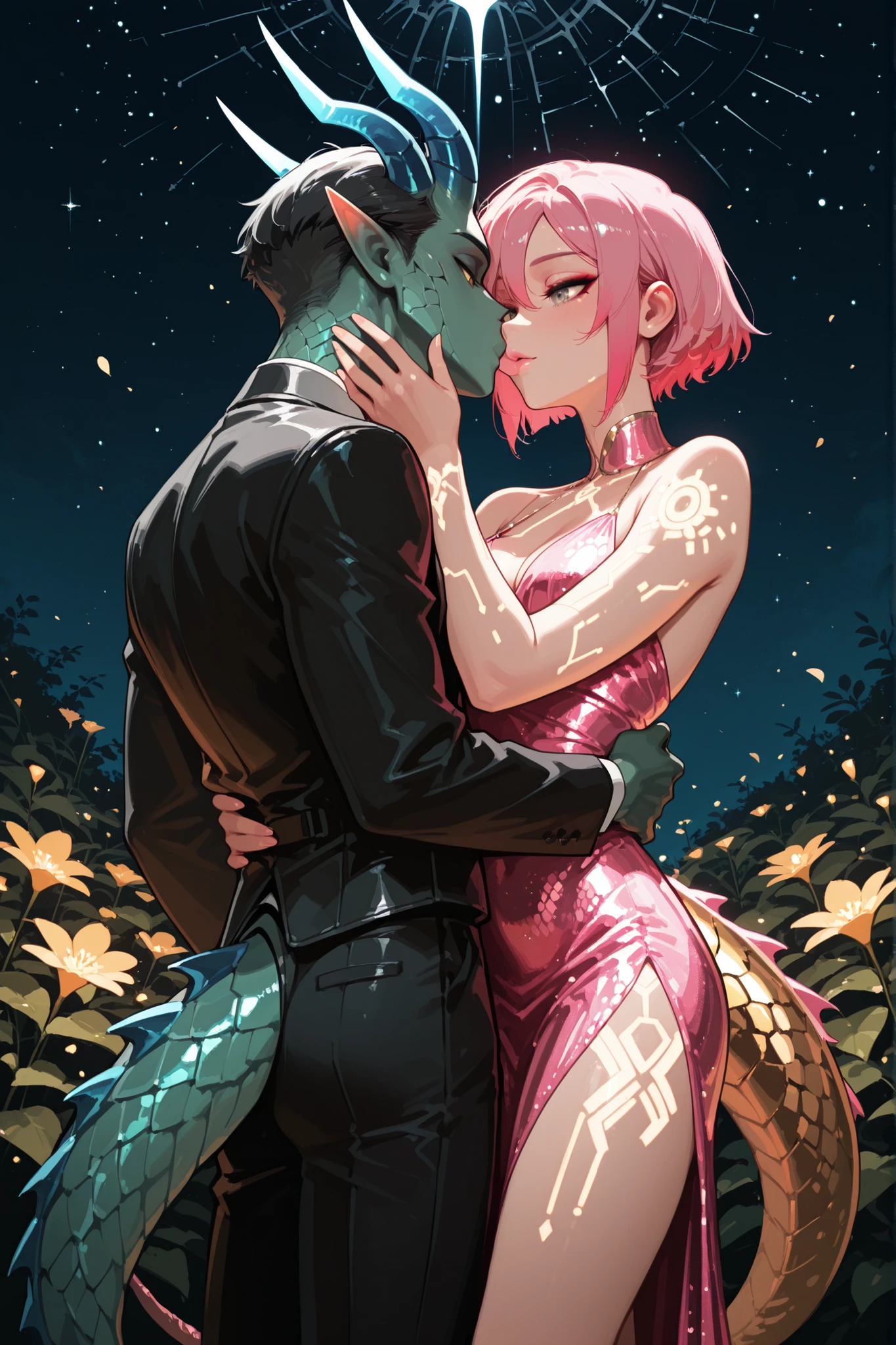 masterwork, best quality, dynamic lighting, detailed composition
1woman, green skin, dragon-scale skin, short hair, pink hair styled neatly, soft makeup, blue horns, grey eyes, pink glossy lips, wearing an elegant silk dress, glowing tattoos on arms, dragon tail flowing behind her, tender expression, romantic pose
BREAK
1man, golden metallic android, glowing circuit lines, amber eyes, strong yet gentle features, wearing a sleek suit, holding her hand, kissing her passionately, looking at her lovingly, futuristic yet romantic aura
BOTH_CHARACTERS standing close together in a garden of glowing flowers, under a starry night sky, soft moonlight illuminating the scene, magical and intimate atmosphere, focus on the couple’s connection, equal emphasis on both characters, clear depiction of their kiss