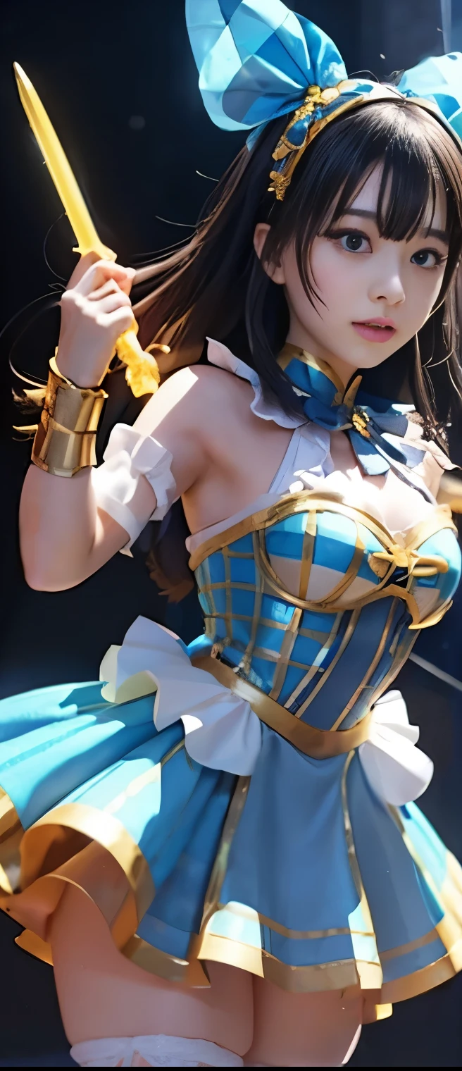 Pure Idol Knight Girl 、A pure girl's face、 hypo、、fluorescent blue and gold checkered armor tight mini dress、、Glowing Candy Sword 、