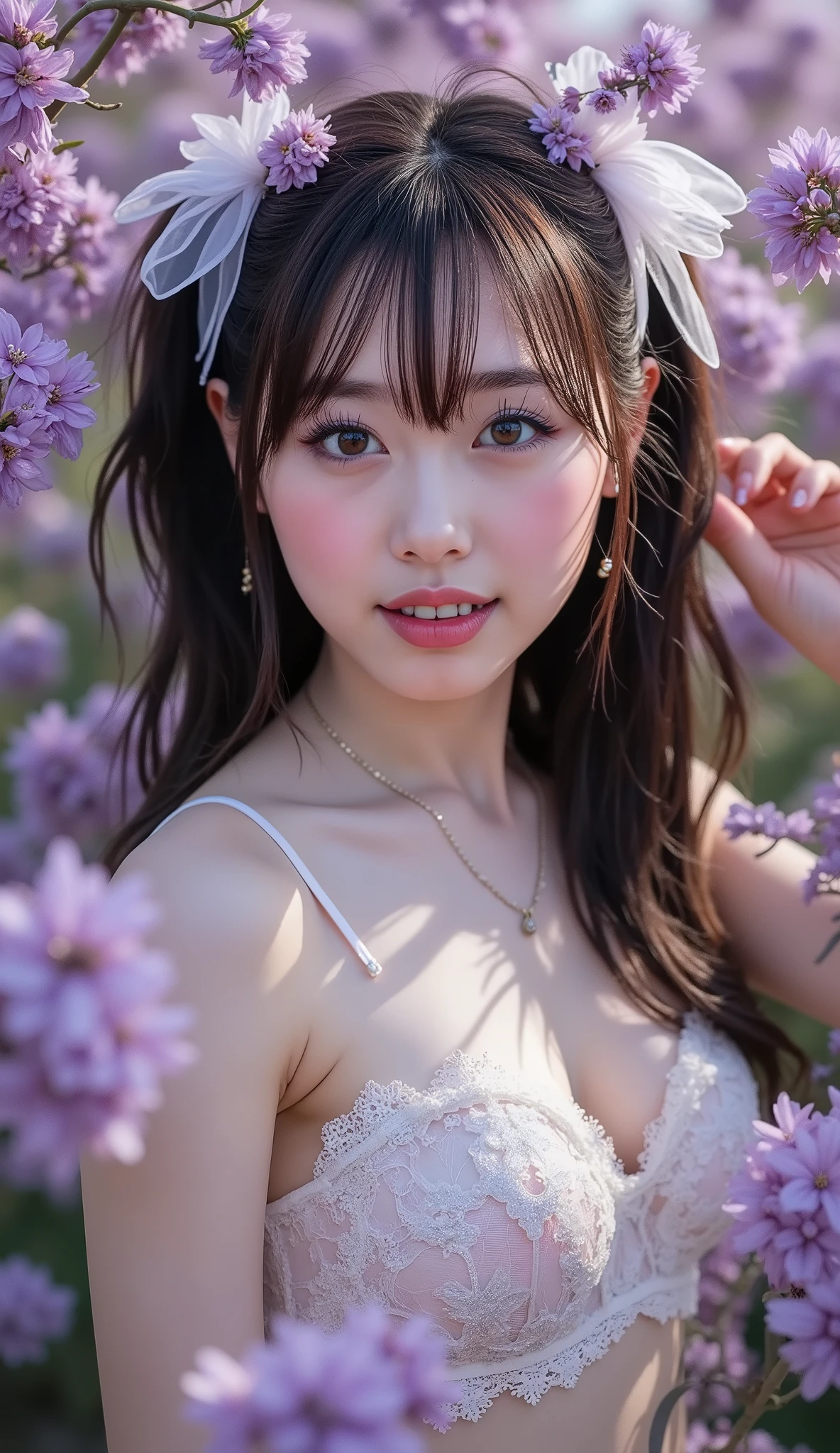 Masterpiece, 最 high quality,16k,8k, beautiful, high quality, ultra high resolution, 超 high quality, beautiful face, Japanese, nsfw, ( lingerie:1.5), upper body,Cinema Lighting,smile,cowboy shot, sticks out significantly ahead , sticks out significantly ahead , provocative pose ,Surrounded by purple flowers, open your mouth, twin tails, ribbon hair accessories, earrings, Glitter Effect ,