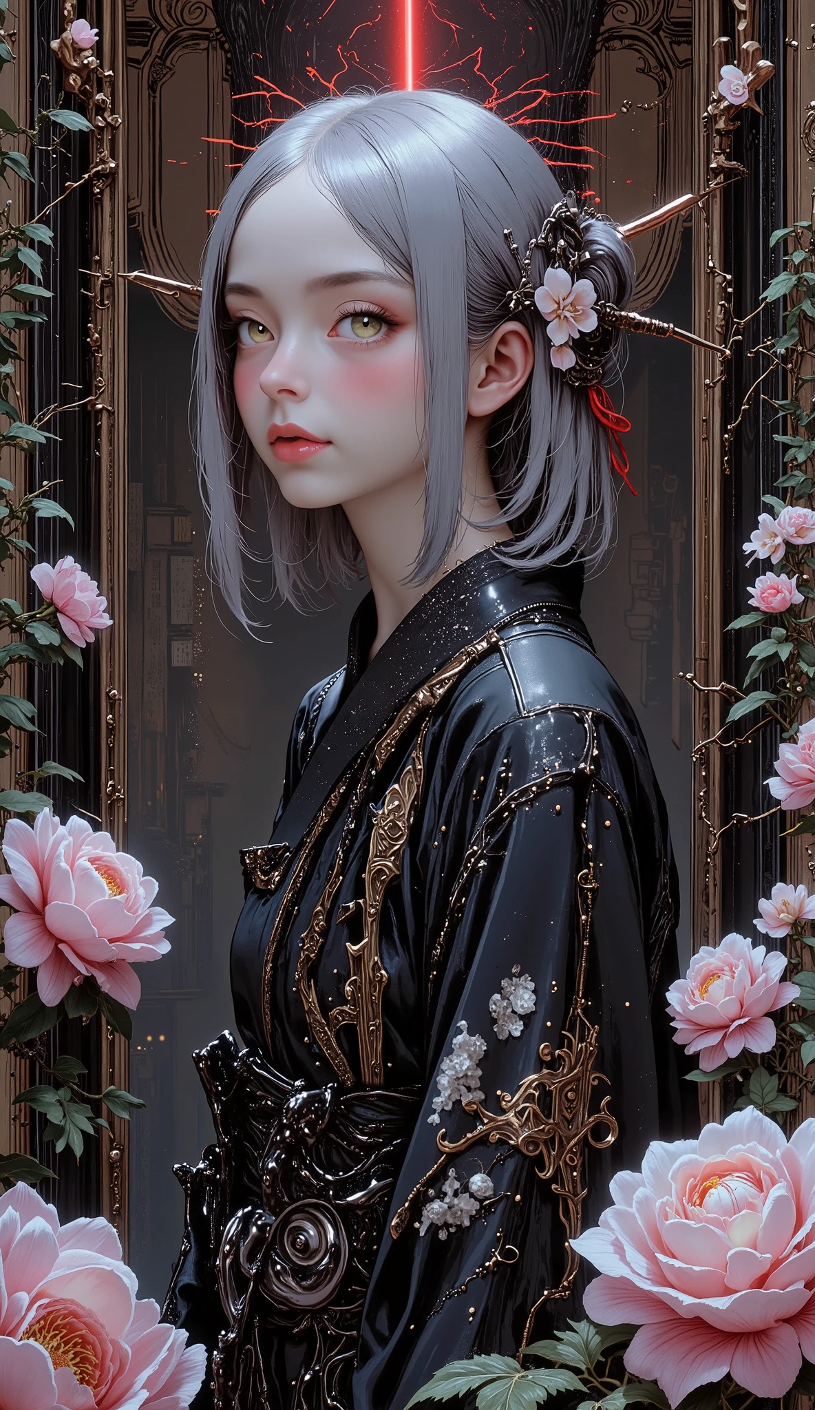 woman in mourning kimono ,Gray Hair, surreal collage ,a contemporary artistic コラージュ, collage art work, , New Album Jacket , great work!! digital collage , collage art , contemporary collage , mixed media collage , high resolution , surreal style in Las Vegas ,Asymmetric, visualization of the inner world of a crazy spirit ,Every Little Detail , Hidden Details , radical Japanese anime ,Resonance of Ripples , Surrounded by colorful peony flowers,Futuristic Japanese Decor