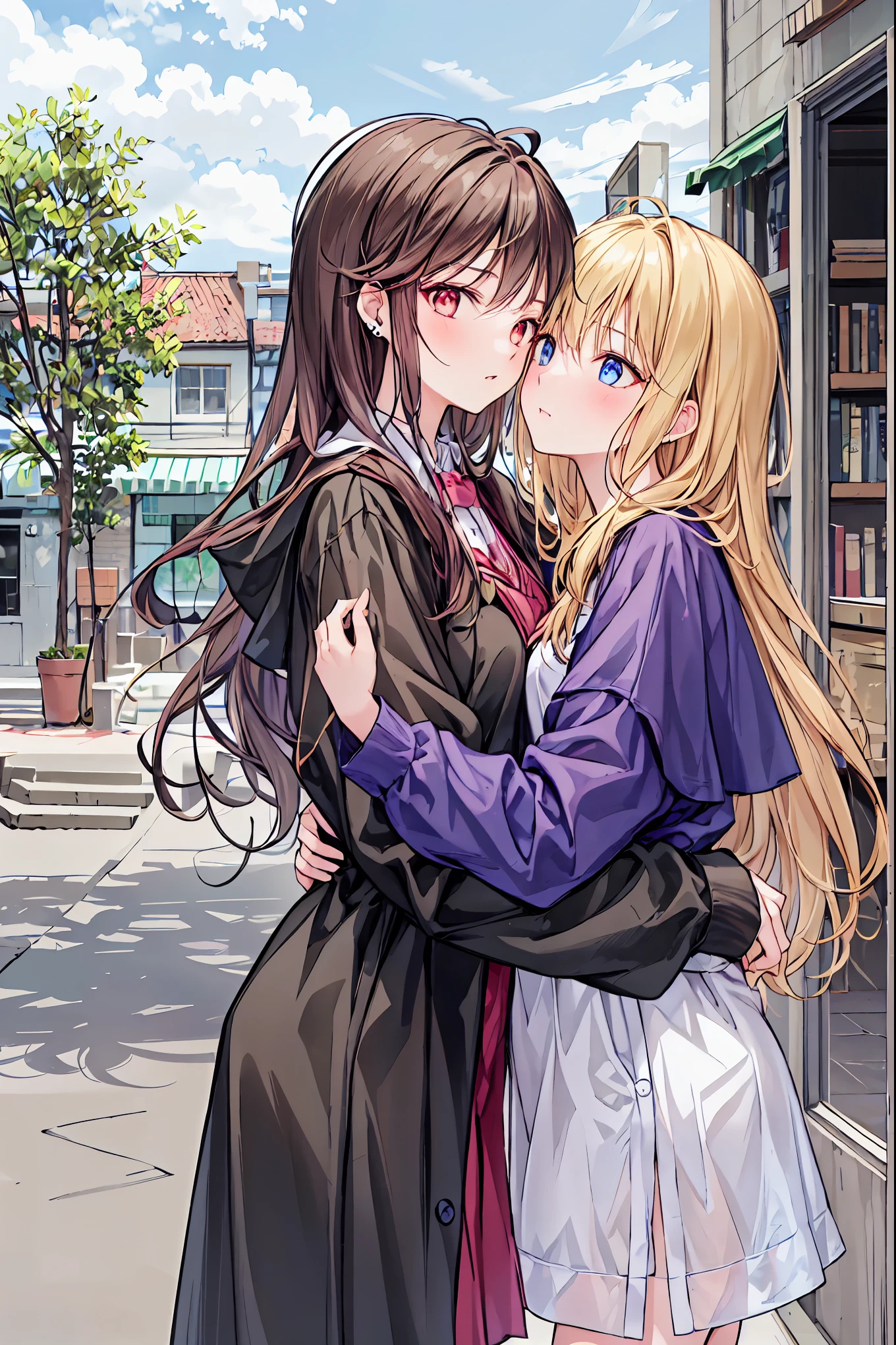 couple,Piercing blue eyes, sharp pupils,Brown spiky hair,He wears a black robe and pajamass, pajamas,An intimate hug with my red-eyed wife((The face of an 18 year old)),Hands2Books,Fingers5Books