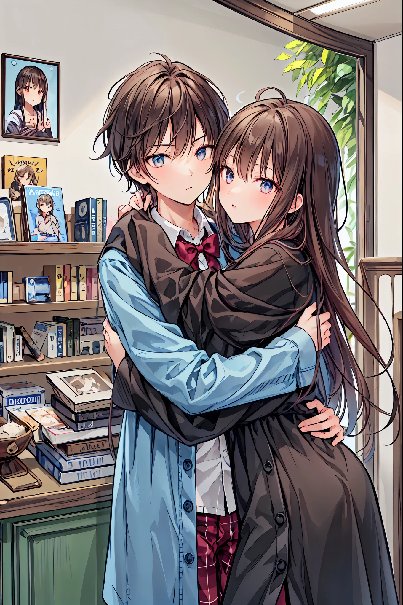 couple,Piercing blue eyes, sharp pupils,Brown spiky hair,He wears a black robe and pajamass, pajamas,An intimate hug with my red-eyed wife((The face of an 18 year old)),Hands2Books,Fingers5Books