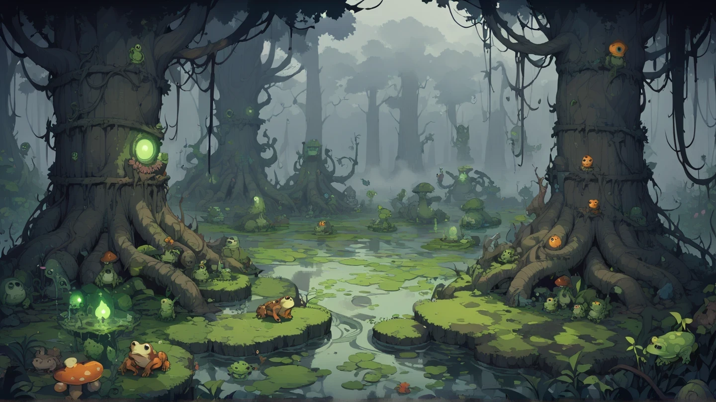 Retro video game style, pixelated, vibrant colors, 8-bit characters, blocky shapes, sharp lines, detailed shading, classic gaming vibe, nostalgic atmosphere, classic arcade games. Masterpiece:1.2, ultra-detailed, illustration style. 2Dvideo game texture, (dark fantasy)
game tiles, tileable texture
Very detailed texture
stone texture, 4K seamless forest texture, , jungle texture.
(magical dreadful swamp:1.7) ((mud and moss)) ((whisps, frogs, toads, mushrooms, vines, snakesm, insects:1.1))
((dark light)) ((foggy, misty, poisonous gas, evil atmosphere, dark:1.4)) ((lots of dead trees and roots:1.0)
(front view:1.4), (outdoors:1.5) (close up:1.2) ((circular glade area:1.2)