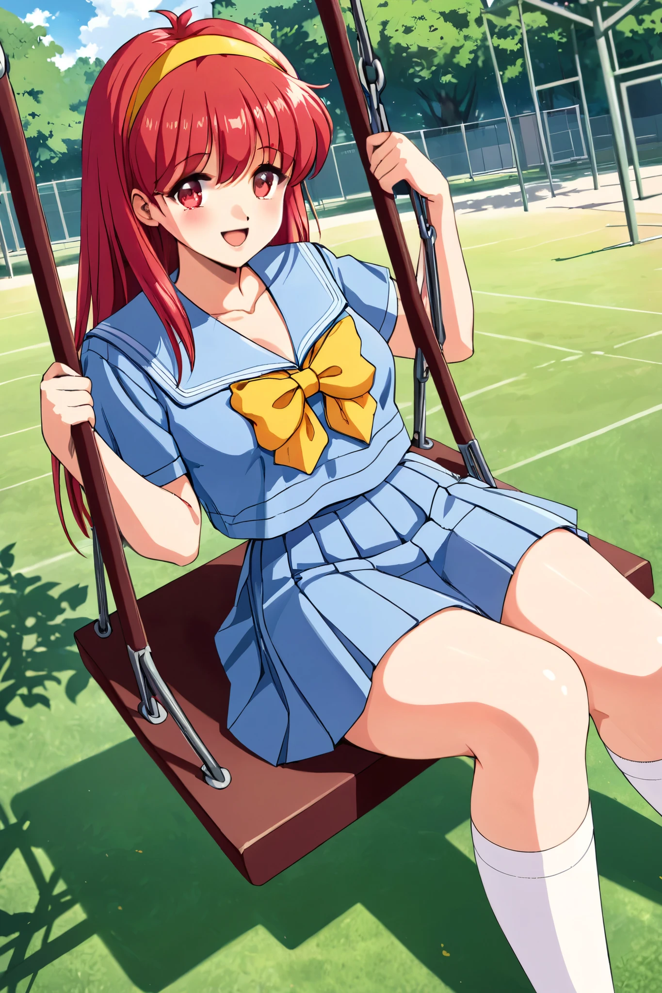 iFujisakiShiori, long hair, Yellow hairband, red hair, red eyes, Busty, 1girl ,eyebrous visible through hair,lauge breasts,Short sleeve,looking at viewer,open mouth, Alone, serafuku,school uniform, pleated skirt, Park Swingに乗る, Park Swing,Outdoors, white socks,Light blue uniform, low angle shot, Frontal Angle, Panchira, panties, Yellow Ribbon , viewers are watching The Man with the Big Penis, dyes her cheeks,smile