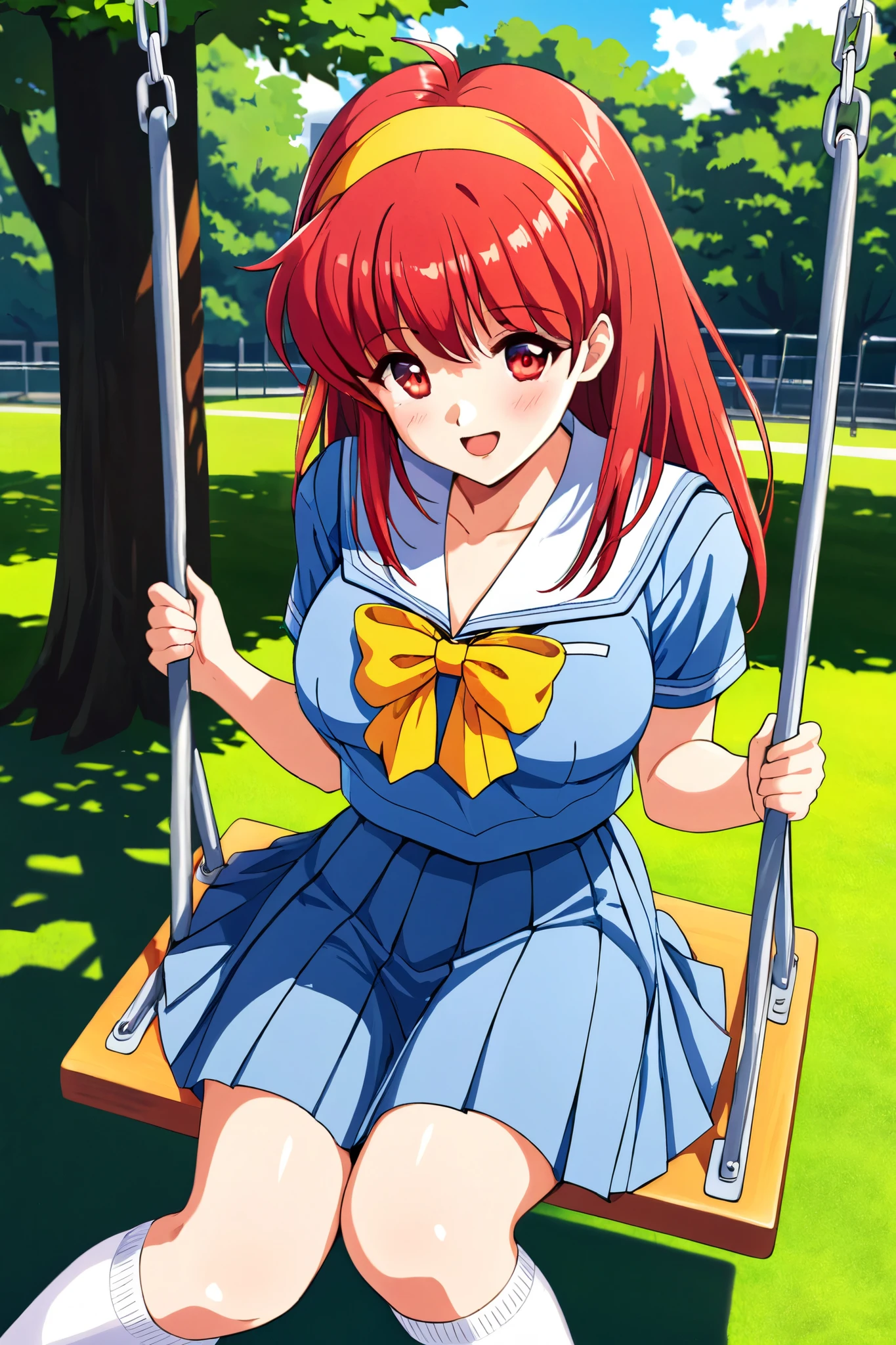 iFujisakiShiori, long hair, Yellow hairband, red hair, red eyes, Busty,  1girl ,eyebrous visible through hair,lauge breasts,Short sleeve,looking at viewer,open mouth, Alone, serafuku,school uniform, pleated skirt, Park Swingに乗る,  Park Swing,Outdoors, white socks,Light blue uniform, low angle shot, Frontal Angle, Panchira, panties, Yellow Ribbon , viewers are watching The Man with the Big Penis, dyes her cheeks,smile