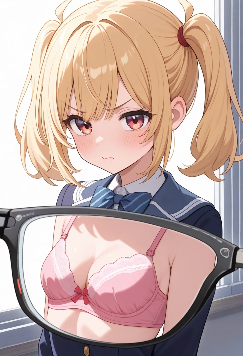 Gingham check bra, Gingham Check Panties,Side tie panties,Ribbon is good, Ribbon Panties,Lace bra, Lace panties,Twin tails,blush, full-face blush,masterpiece, Highest quality, high school girl,Schoolwear,The front of the uniform is open, exposing her underwear,On all fours,slouch,(anime screencap:1.3),(shape), cute,(Simple:1), (anime:1.2),Solo Sharp Focus, 1 Girl, Cleavage,Looking at the audience,, Are standing,,(Browsing Caution:1.2)room,bed,((Pastel colored underwear)),Big Breasts,Beautiful breasts,Beautiful Hips,Accentuate your breasts,Glasses,cute eyes,puffy eyes,