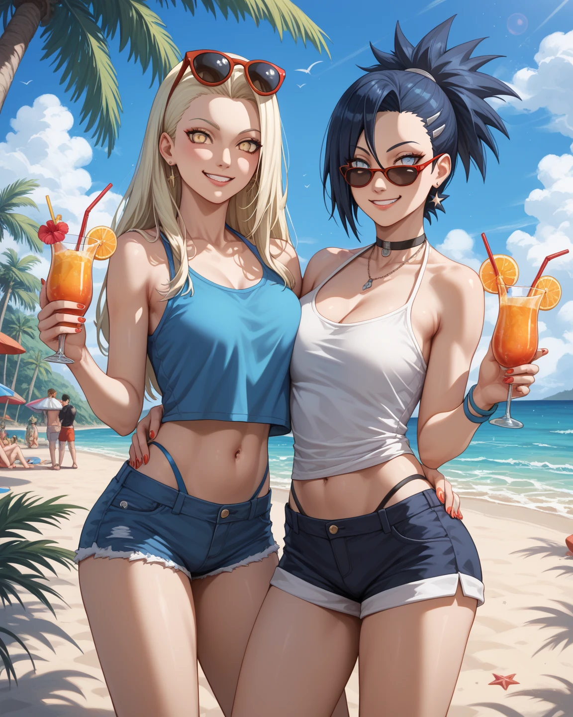 Highest quality,Highest Resolution,Smiling with a drink in hand(((２Beautiful girl of the person))),Gymnastics,High leg bloomers,Outdoor stadium,Black hair ponytail,sweat profusely,illumination,Very beautiful eyes,Transparent nipples,whole body,Flowing sweat,Belly button,Abdominal muscles,sunny,Sunshine,mirage,Big Tits,