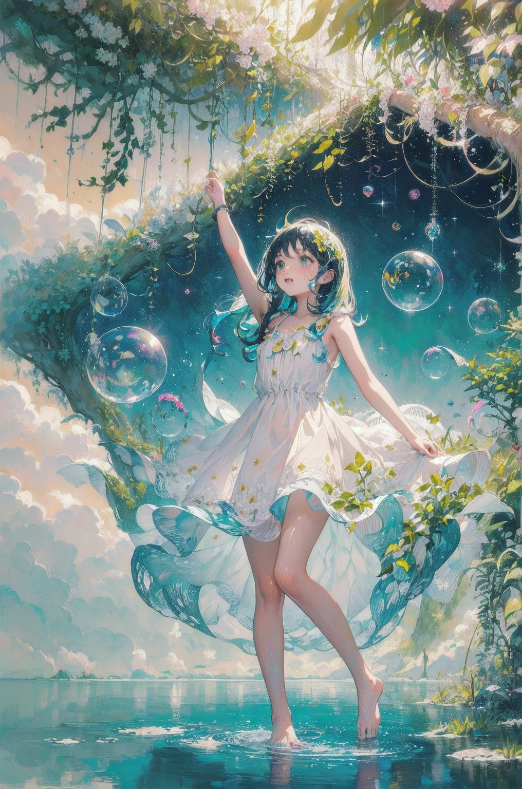 ( masterpiece,  top quality: 1.2), ( highly detailed ), ( Illustration of ),  wallpaper,  original ,  1 girl, Messy ((( colored and dynamic ))) hair,  Spaghetti Straps ,  white dress , Bare legs,  foot, Light Arm, space, Earth background, Low Earth Orbit ,  full body, , (Surrounded by colorful splashes and dots), Colored bubbles, ( twinkle in both armpits)