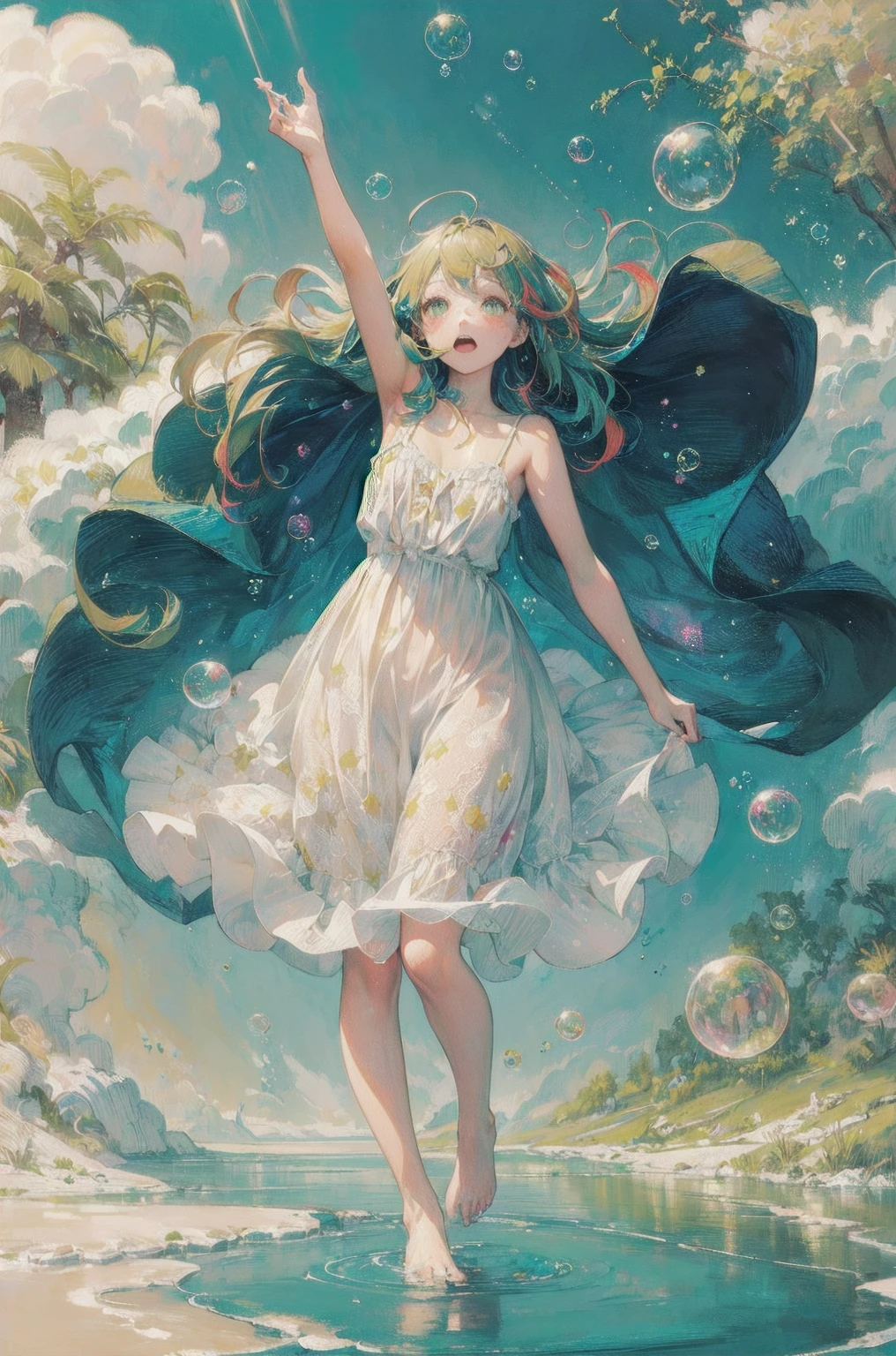 ( masterpiece,  top quality: 1.2), ( highly detailed ), ( Illustration of ),  wallpaper,  original ,  1 girl, Messy ((( colored and dynamic ))) hair,  Spaghetti Straps ,  white dress , Bare legs,  foot, Light Arm, space, Earth background, Low Earth Orbit ,  full body, , (Surrounded by colorful splashes and dots), Colored bubbles, ( twinkle in both armpits)
