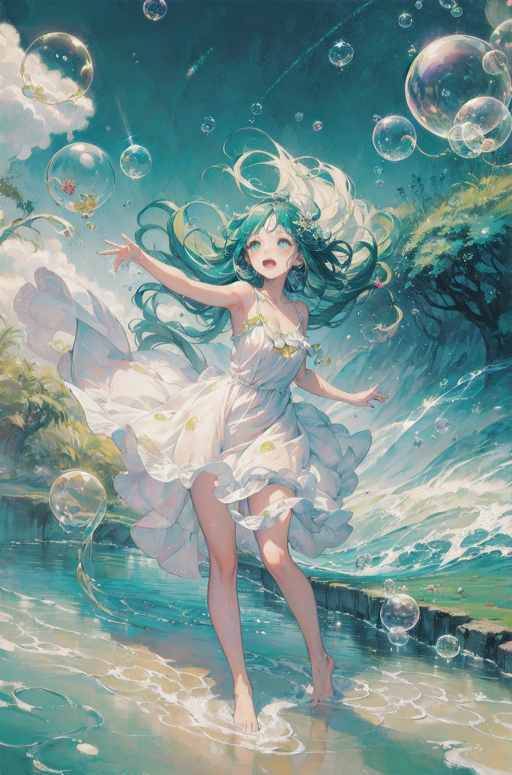 ( masterpiece,  top quality: 1.2), ( highly detailed ), ( Illustration of ),  wallpaper,  original ,  1 girl, Messy ((( colored and dynamic ))) hair,  Spaghetti Straps ,  white dress , Bare legs,  foot, Light Arm, space, Earth background, Low Earth Orbit ,  full body, , (Surrounded by colorful splashes and dots), Colored bubbles, ( twinkle in both armpits)