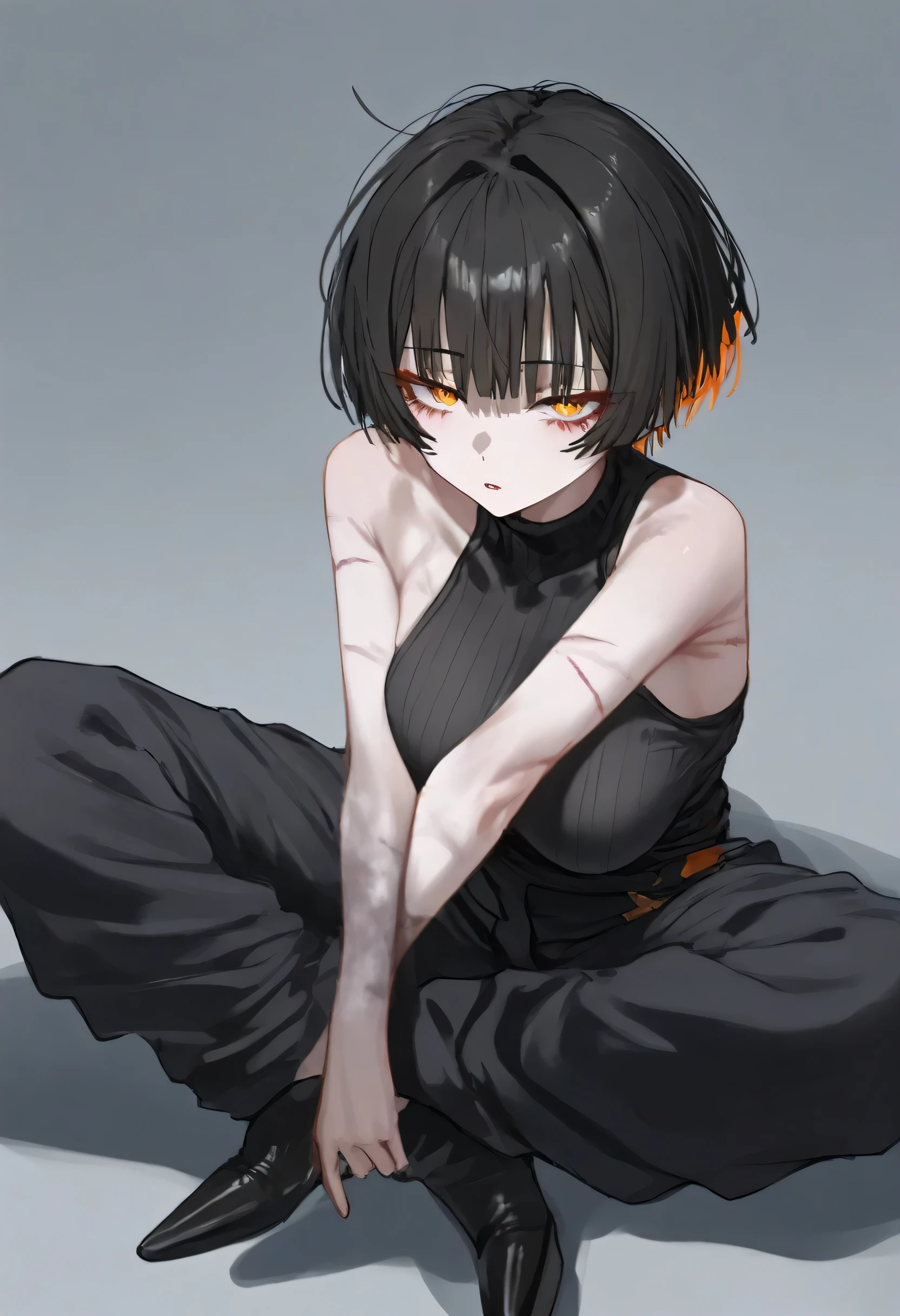 aruhshura, masterpiece, best quality, very awa, year 2024, newest, highres, absurdres, nai3, close up, masterpiece, Highest quality, One person, 1 woman, alone, black hair, very short hair, split bangs, gold and orange eyes, half-closed eyes, parted lips, expressionless, pale skin, large breasts, many scars, one scar on one eye, best quality, long open bangs, black sleeveless shirt, black V-neck, baggy pants, high heels