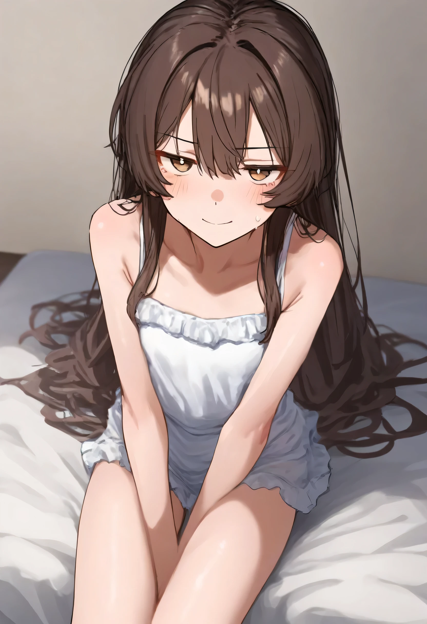 aruhshura, masterpiece, best quality, very awa, year 2024, newest, highres, absurdres, spats, grinning, looking at viewer, brown hair, brown eyes, jitome, slim, sitting