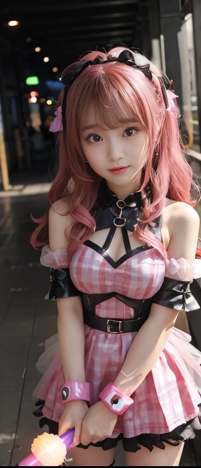 Pure Idol Knight Girl 、A pure girl's face、 hypo、、fluorescent pink checkered armor tight mini dress、、Glowing candy hammer、