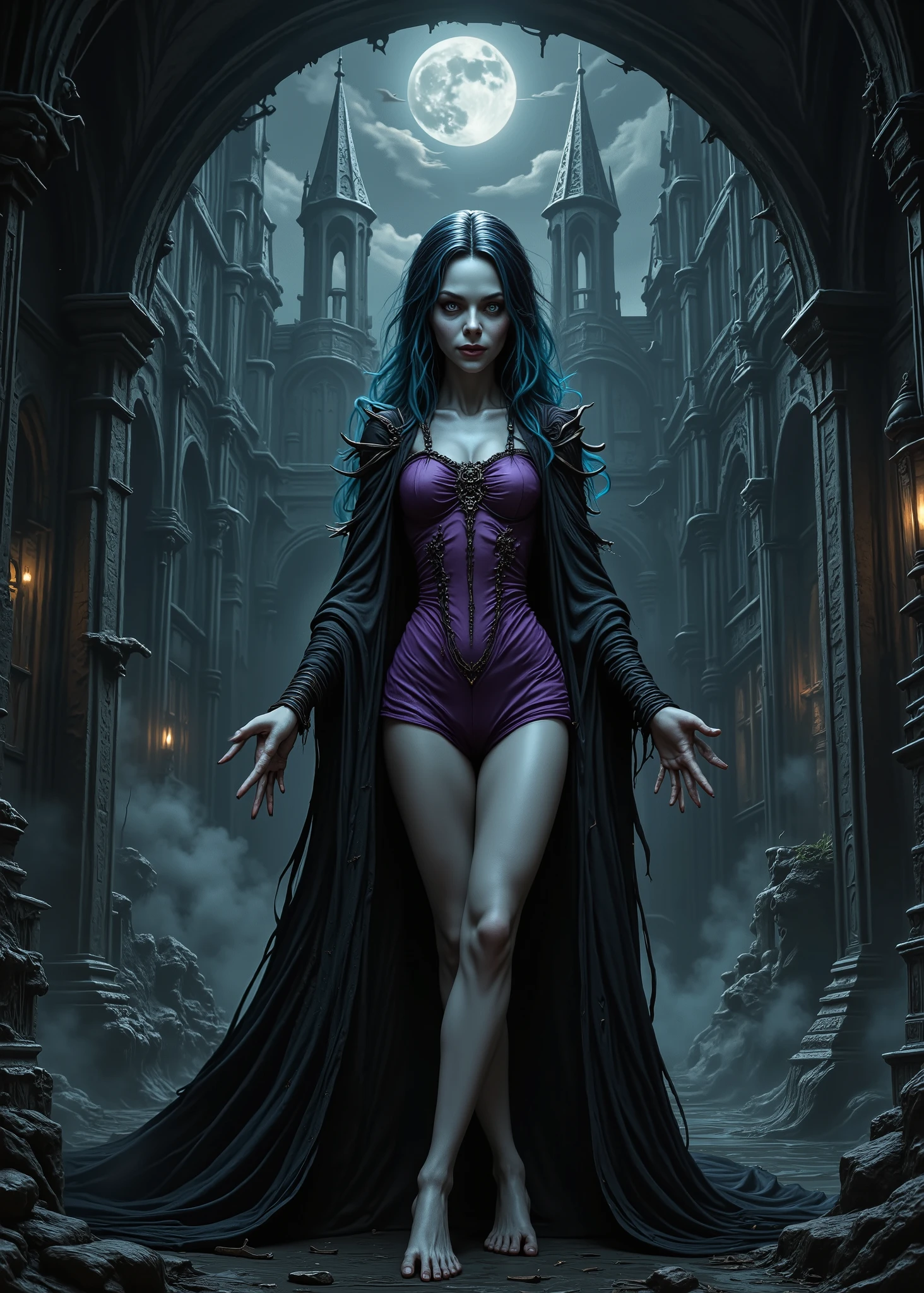 Realistic and authentic-oriented 、 Tim Burton movie , Cinematic composition , Stop Motion , clay animation , Vampire Queen with long black blue hair , Viewer, White Eyes, gothic purple short dress , moonlight