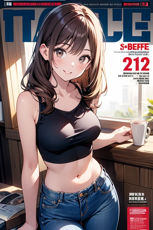 Highly detailed, vibrant color, detailed skin, detailed fabric, detailed eyes. Brown haired young woman, beautiful, bob hair, brown eyes, small to medium breasts, smiling, showing off armpit, gravure magazine cover, light brown backless halter neck, knitwear, high waisted denim pants, soft smile, blushing Tokyo.