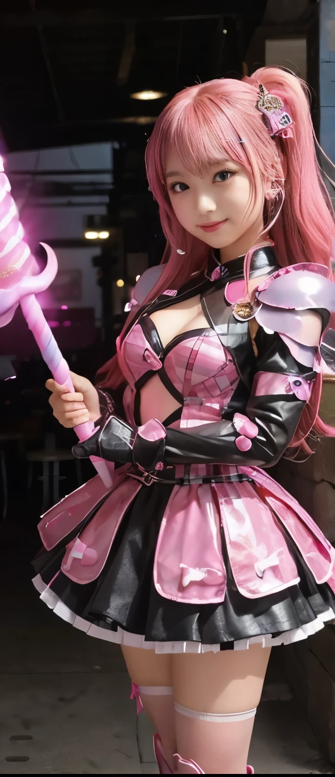 Cool Idol Knight Girl 、A pure girl's face、 hypo、、fluorescent pink checkered armor tight mini dress、、Glowing candy hammer、