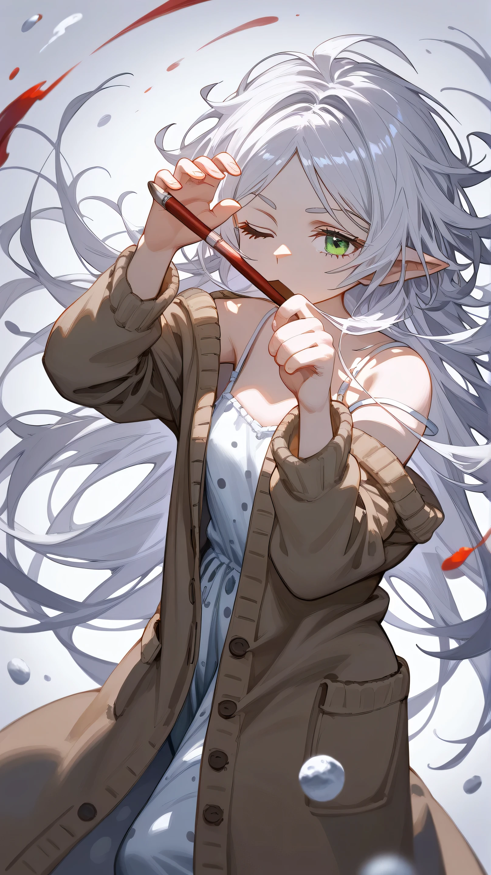 Brilliant work , best quality , (Score _9, Score _8_climb, Score _7_climb), 1 girl, alone, Painting, winter pajamas , green eyes , White hair, long hair, messy hair , White suit, spaghetti straps , sleeveless dresses , Brown Cardigan Coat, stance, Scratched Hands , unilateral eye closed, one hand climb, Delicate Hands , sleepy, Nauseous mouth , Viewers, white background, simple background , Brilliant work , best quality
