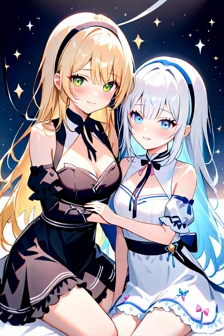 beautiful illustrations, highest quality, pretty girl,beautiful girl、clear face、 half girl、pastel colour ,blonde、black hair、black eyes、smile、blush、にこやかなsmile、thighs、Devil girl and angel girl、two girls、fantasy、fantasy、perfect hands、five fingereet、facing each other、