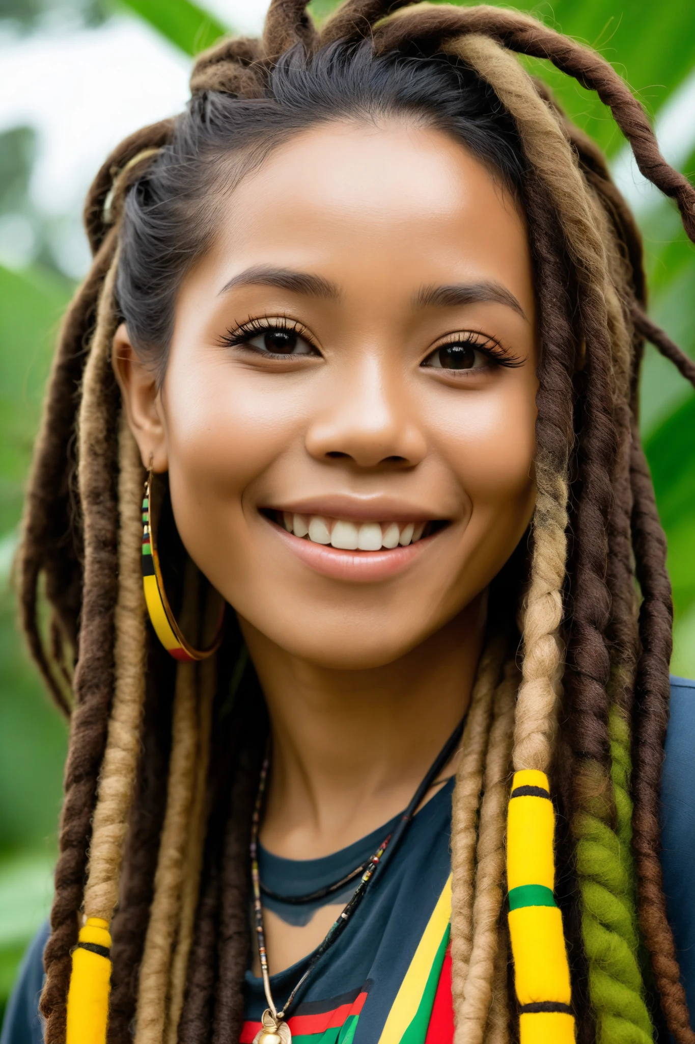 Create a character of a 20-30 year old Indonesian woman with dreadlocks who loves reggae music and has a relaxed, free personality and is full of positive energy. This character has a lifestyle that is close to nature and cares about social issues. Her appearance reflects reggae culture with a modern touch.