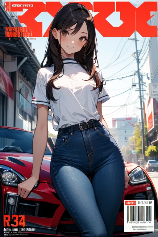 1girl, 20yo,Young female, 4k, high resolution, best quality, masterpiece, perfect colors, perfect shadows, beautiful and detailed portrait of a (((feminine))), perfect lighting, Female, Beautiful brown eyes, fit body, detailed face, (detailed eyes), perfect pupils, Tall, brown long hair, Brown long messy hair, Wide hips, big legs, (B cup breasts),20 year old, Well build, Slightly muscular, Workshop background, Work clothes, Car mechanic clothes, Car mechanic workshop background, Shirt, short pants, loose pants. big short pants