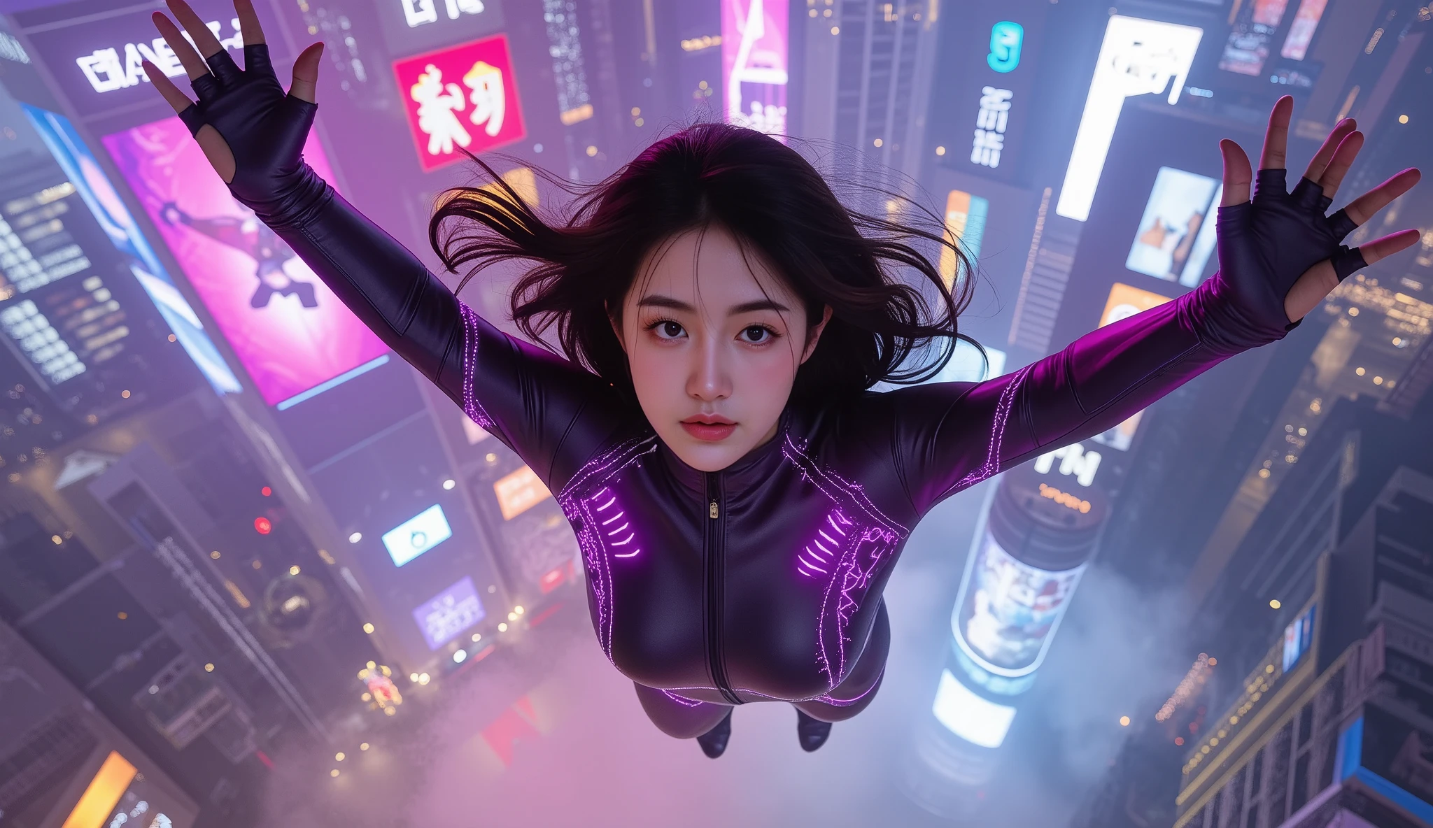 Description:
A dramatic top-down shot of a young woman falling backward through the neon-lit skyline of a futuristic cyberpunk city. Her body is fully extended, arms wide open as if embracing the descent, while she gazes directly into the camera with an intense yet serene expression. The lights of the cityscape below create a mesmerizing, electric glow that reflects off her sleek outfit.
Clothing:
She wears a high-tech, cyberpunk-inspired bodysuit with intricate neon circuitry patterns glowing along the seams. The fabric is a fusion of metallic and synthetic materials, shifting between dark purple and black as it catches the light. Her gloves are fingerless, revealing cybernetic enhancements on her fingertips that pulse faintly.
Hairstyle:
Her long, dark brown hair flows freely around her, strands lifted by the rushing air, creating a striking contrast against the neon skyline below.
Setting:
Beneath her, the sprawling cyberpunk cityscape is alive with movement—flying vehicles streak through the air, holographic billboards display massive, glitching advertisements, and towering skyscrapers shimmer with pulsating neon. The artificial fog swirls around the buildings, enhancing the dreamlike atmosphere of her suspended fall.