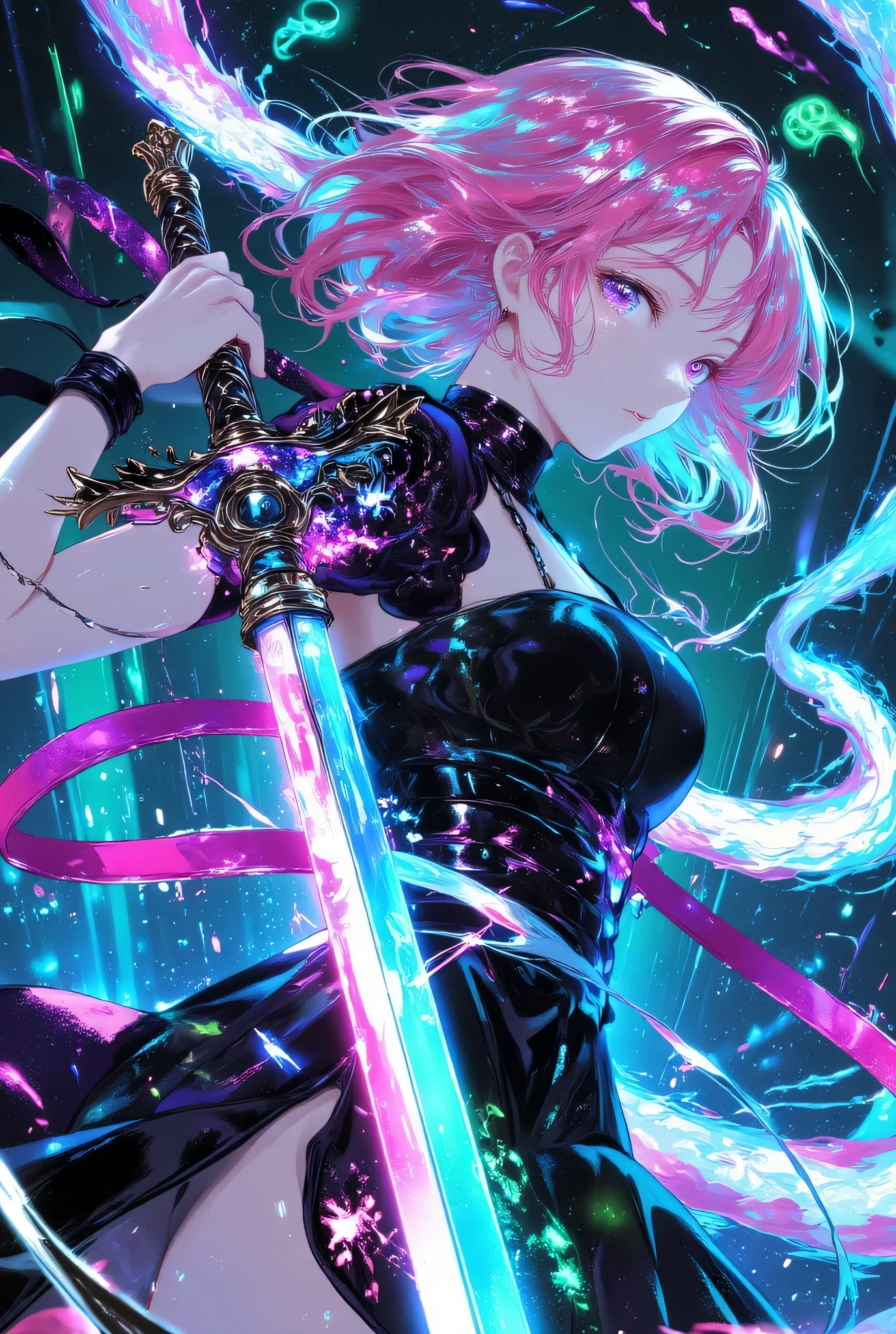 (EyesHD:1.2), masterpiece, best quality, ultra-detailed, very aesthetic, sharp focus, depth of field, vibrant colors, ray tracing, best lighting, detailed illustration, detailed background, cinematic, beautiful face,beautiful eyes,
1lady,(((dark pink short hair,blue eyes))),ninja,holding a sword,beauty sword,glowing sword,glowing rainbow sword,
jumping,action pose,dynamic pose,
green and blue background,cool,(rainbow dragon),from below,