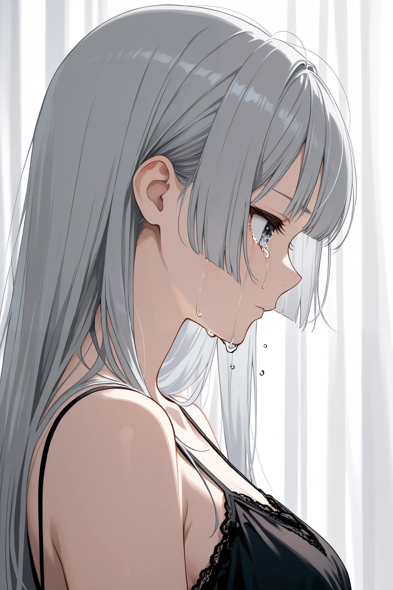 profile、Gray Hair、 long hair、 straight hair、 black nightgown 、 crying face、 expressionless、 Princess cut