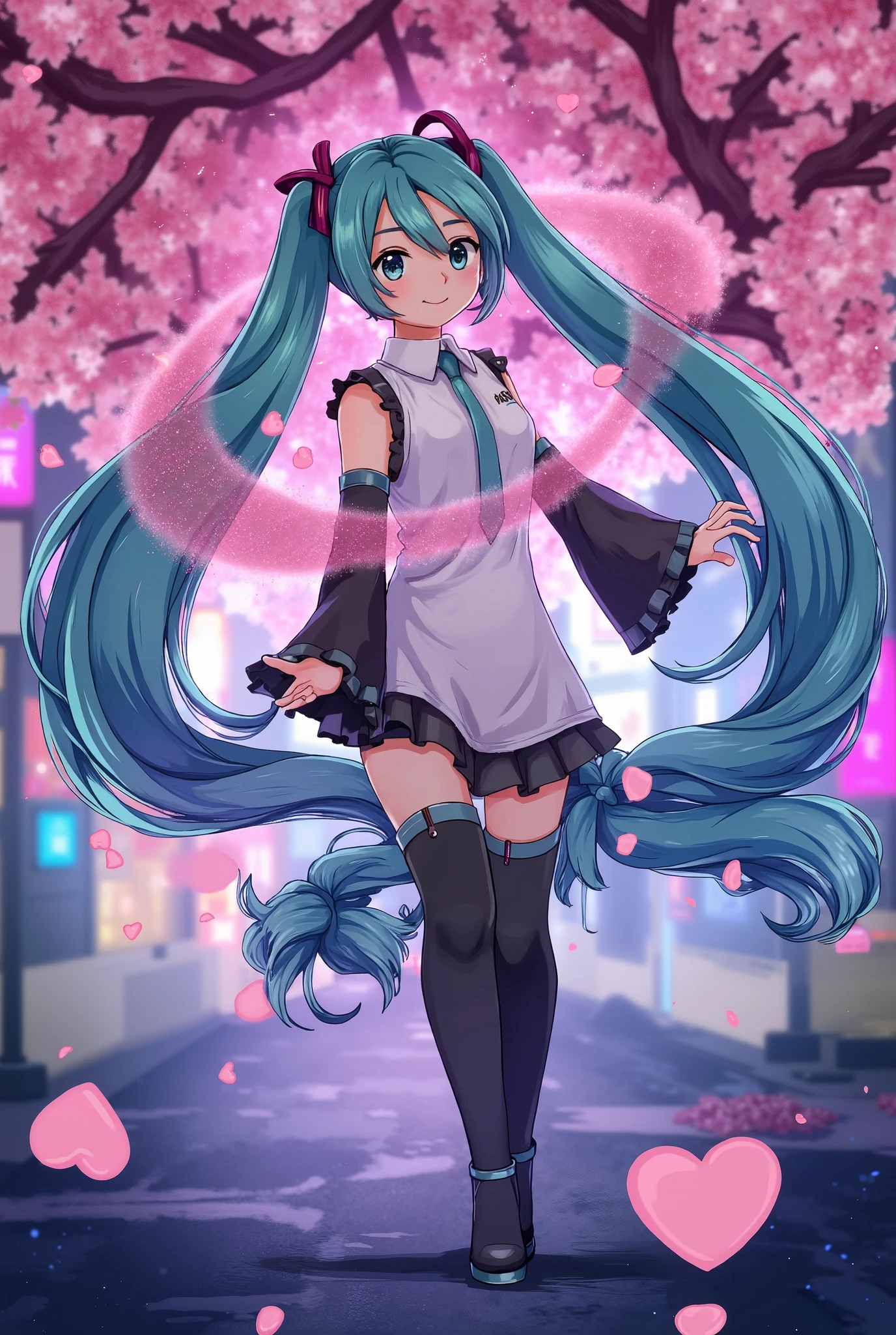 ( masterpiece、 top quality、 top quality、 Official Art、  beautiful and beautiful  :1.2)、( one girl:1.3) Hatsune Miku、 twin tails, beautiful breasts,I'm wearing cherry blossom petals are dancing in the city at night , She is standing under a cherry blossom tree wearing a neon pink dress. 非常に繊細で美しい twin tailsヘアスタイルと微笑む表情. Holographic scratchboard in her left hand、In her right hand she is holding soap bubbles with a heart symbol inside. beginning, First 2.5 seconds, Let go of the soap bubbles from your hands. The soap bubbles pop naturally、The heart symbol inside flies into the air, Draw a parabola like a balloon. At this time, Focus on the orbit of your heart、Smile while moving your eyes and neck. During these 3 seconds, Your heart goes out of frame. Next 3 seconds, She looks at the holographic scratchboard and is wearing、Let go of your hands. The holographic scratchboard does not fall, However, as they disappear naturally, they create energy dispersion on the spot. Next 2 seconds, She runs towards the camera and looks at it, Bend your knees and lower, Enlarge her face. Past 2.5 seconds, she clenches her fist, Place your hands under your chin, Point the back of your hand towards the camera、Squint your eyes gently and show your best smile{ . It's a mixture of , Petals scatter into the air. Vivid neon lights shine, The luminous aura surrounding her is attractive and contrasting, Show off your best beauty.