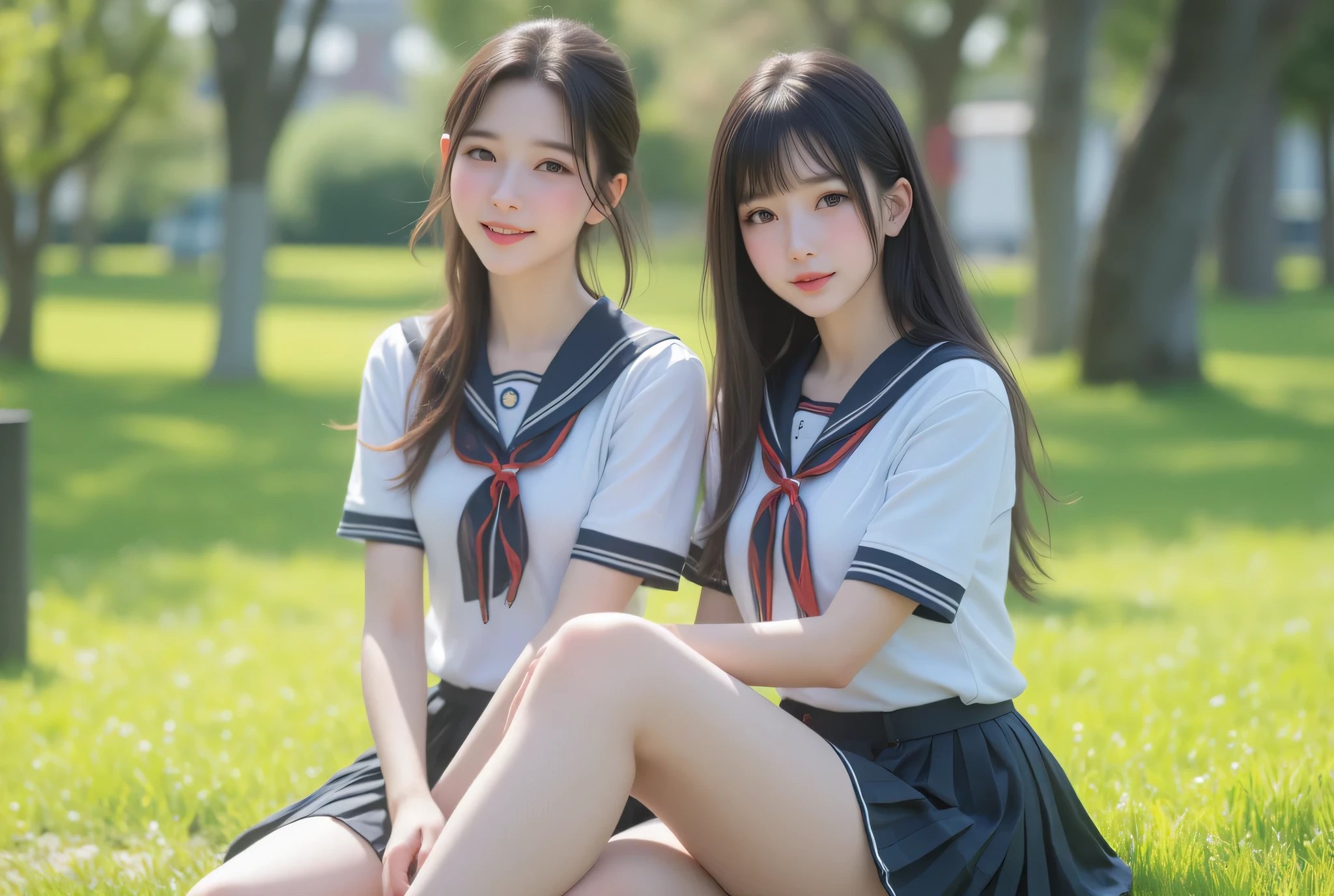 Two girls sitting side by side holding hands,They laughed happily、We are chatting,Yuri couple wearing the same sailor suit,One of them has long black hair and big boobs,One of them has short brown hair.、the chest is flat,Sitting side by side on a bench in the schoolyard,masterpiece,hiquality,