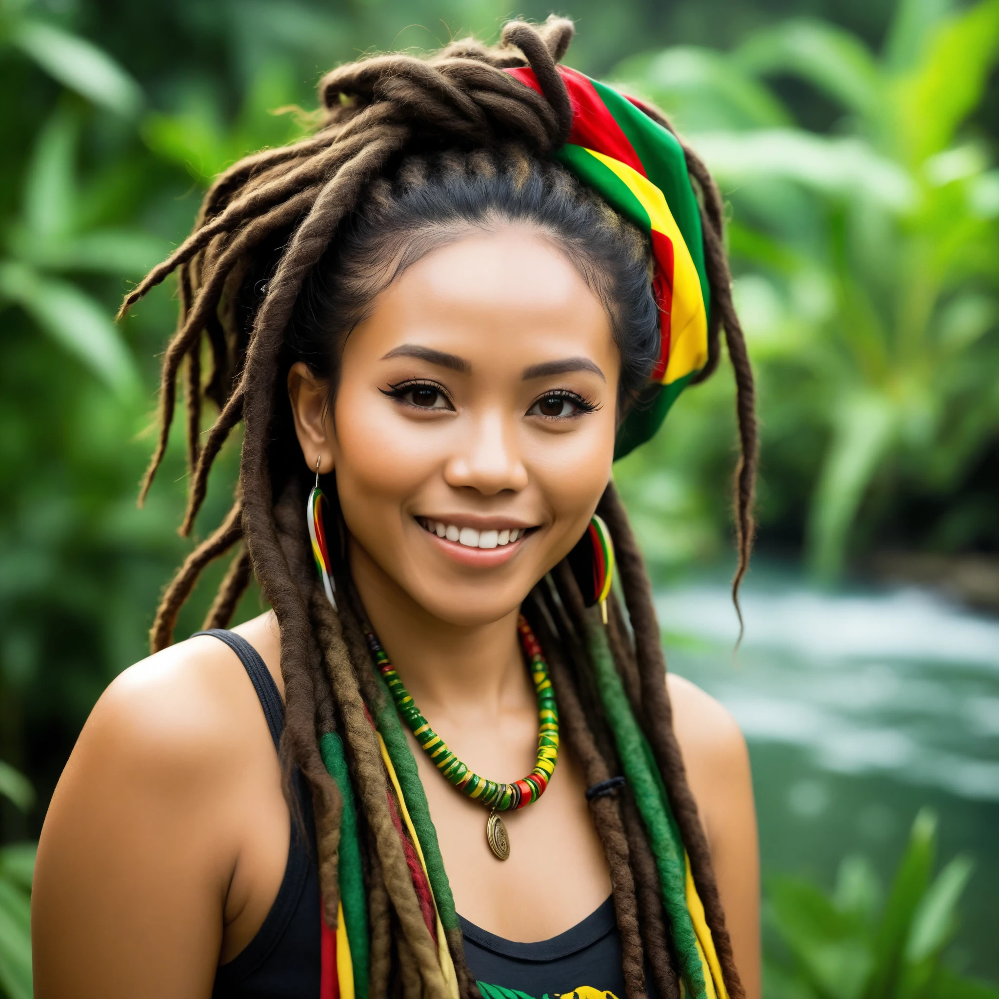 Create a character of a 20-30 year old Indonesian woman with dreadlocks who loves reggae music and has a relaxed, free personality and is full of positive energy. This character has a lifestyle that is close to nature and cares about social issues. Her appearance reflects reggae culture with a modern touch.