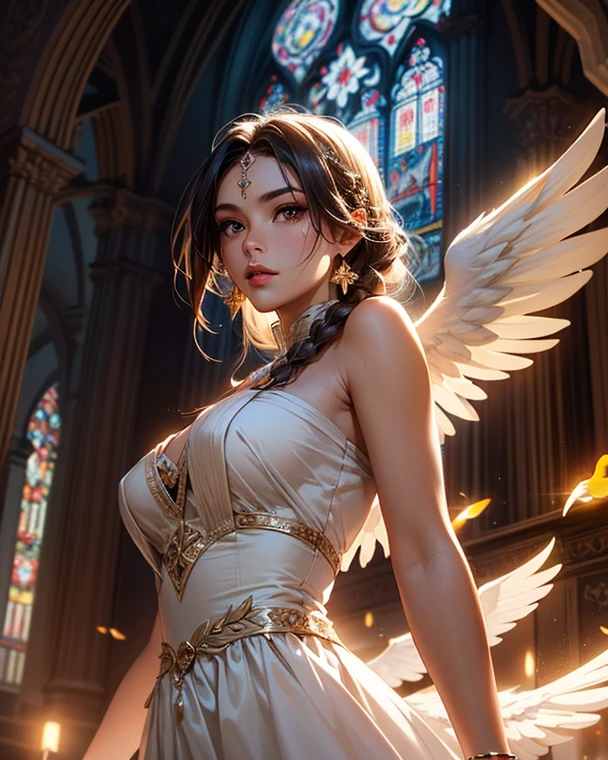 Big Breasts Angel, Wearing a gorgeous dress that covers the whole body, Floating in the air, angel wings, outdoor, detailed face, detailed eyes, detailed lips, detailed nose 