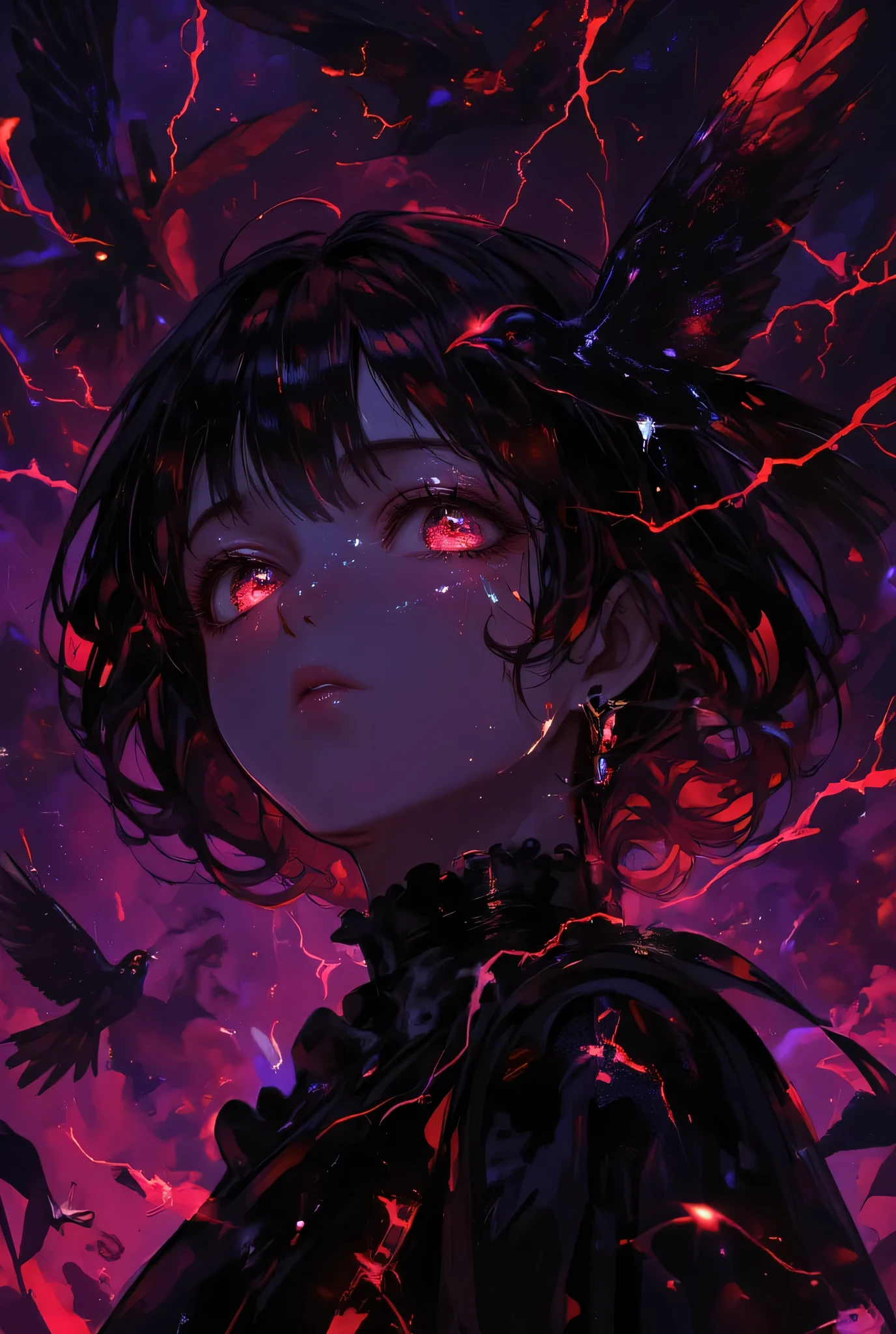 1girl, (((short hair,glowing red eyes))),
darkness,horror,tilt angle,
transparent skin,overly detailed pupils,halation, decadent,effete, dusk, apocalypse, occult,many electricity pylon, hundreds of many black birds flying,from below,
purple and blackred background,grave,

crackling energy, ethereal glow, spectral apparitions,