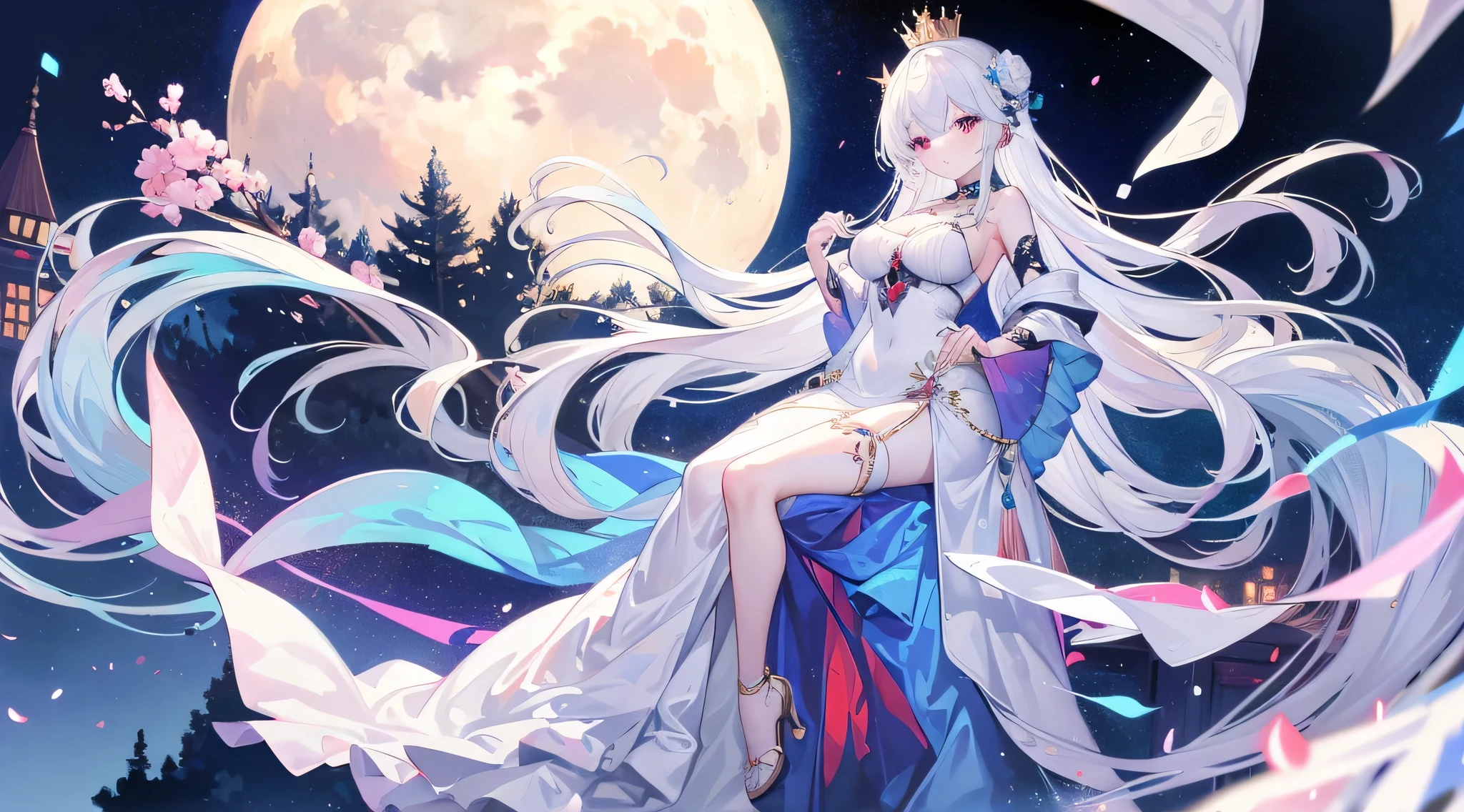 The pure white girl is icy and jade-free. Her hibiscus-long hair is waist-length. She is wearing silk and elegant white stockings with metal ornaments.（White and translucent meat） A shy expression。spoony。 Scene setting The bright moon rises over the sea，Tianya Gong is now wearing a garland on her head, and the dreamy wind is blowing her clothes