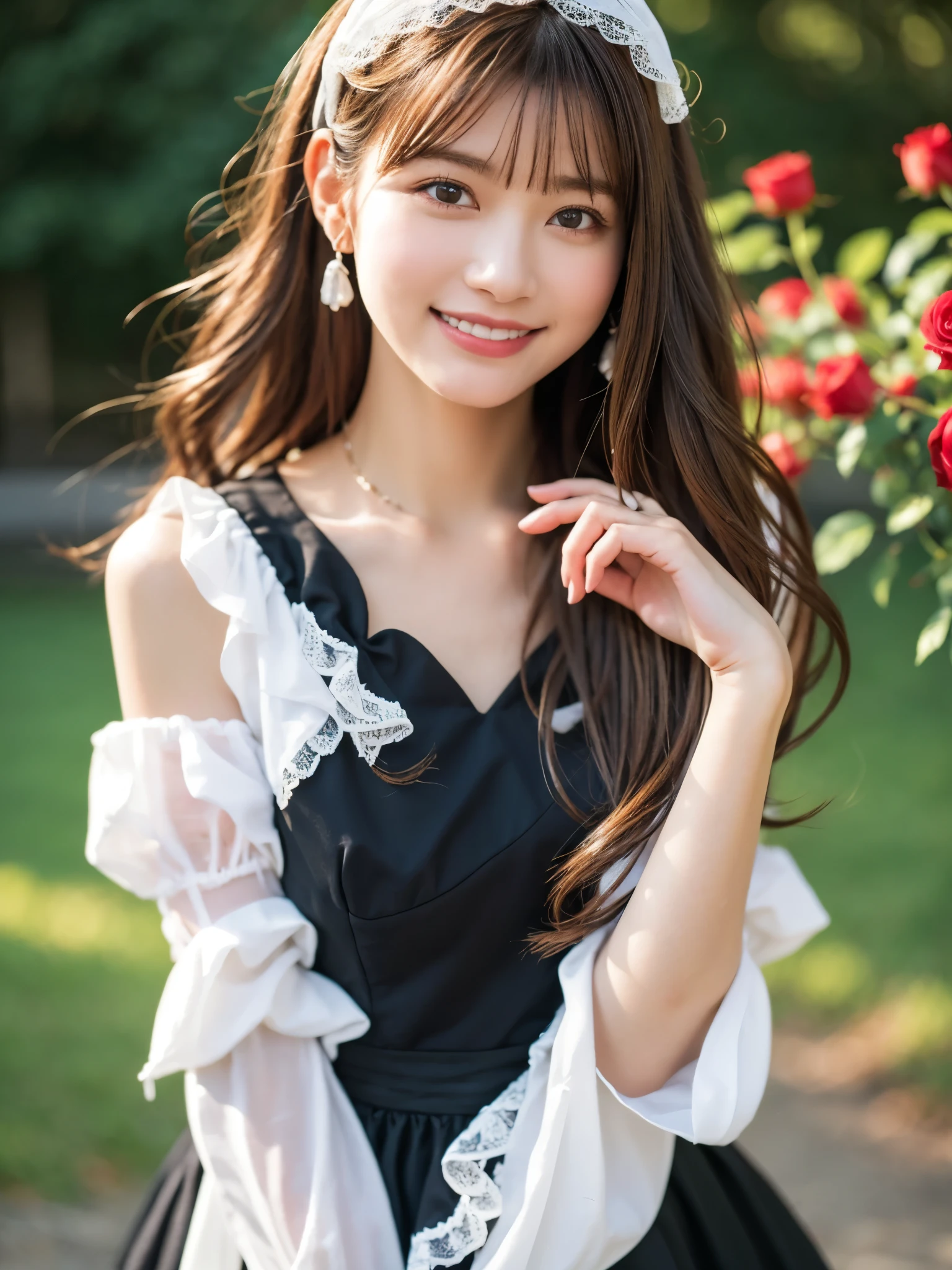 highest quality, masterpiece, Ultra-high resolution, (Realistic:1.4), (Close-up portrait) RAW Photos, 1 girl, 22 years old,((Whitening))Slender body,Medium Chest,((Cream dress)),((Long hair with straight bangs)),((Tie your hair up)),((Looking up at the audience)), Realistic pictures,((Smiling with teeth showing)),