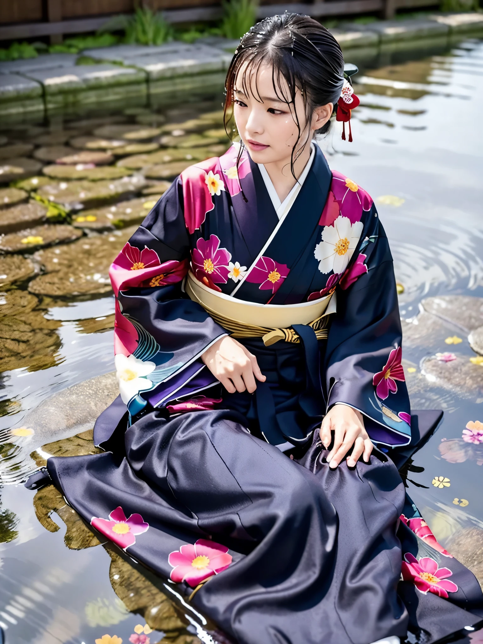 Realistic, long-sleeved kimono, hakama, long hakama, floral pattern kimono, wet clothes, soaking wet clothes, wet shiny clothes, clothes with a wet texture, clothes that cling to the body, wet clothes, rain-soaked clothes, soaking wet, clothes submerged in water, lying down, sitting, crawling on all fours