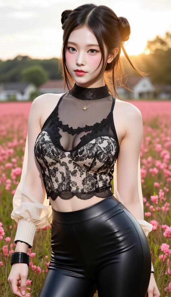 8k, masterpiece, RAW photo, best quality, photorealistic, extremely detailed CG unity 8k wallpaper, Depth of field, Cinematic Light, Lens Flare, Ray tracing, (extremely beautiful face, beautiful lips, beautiful eyes), intricate detail face, ((ultra detailed skin)) 1girl, in the dark, deep shadow, pretty Asian girl, idol, 1 girl, (very slim slender fit-muscled body:1.3), ((looking at viewer)),(big smile:1.3), (tight laced blouse), ((black color blouse)), (laced short sleeve) , (city night, dark night, (blurred background), dim lights, cityscape, rooftops, beautiful earrings, bracelets, necklace, pantyhose, clear eyes, (pale skin), (big eyes), face forward, ((upper body shot)), ((silk red color skirt)),(brown hairs),((tight fitting skirt )), (looking at viewer:1.3), open breast, (very slim), medium breasts, (laced stockings ),((flooming laced blouse ))