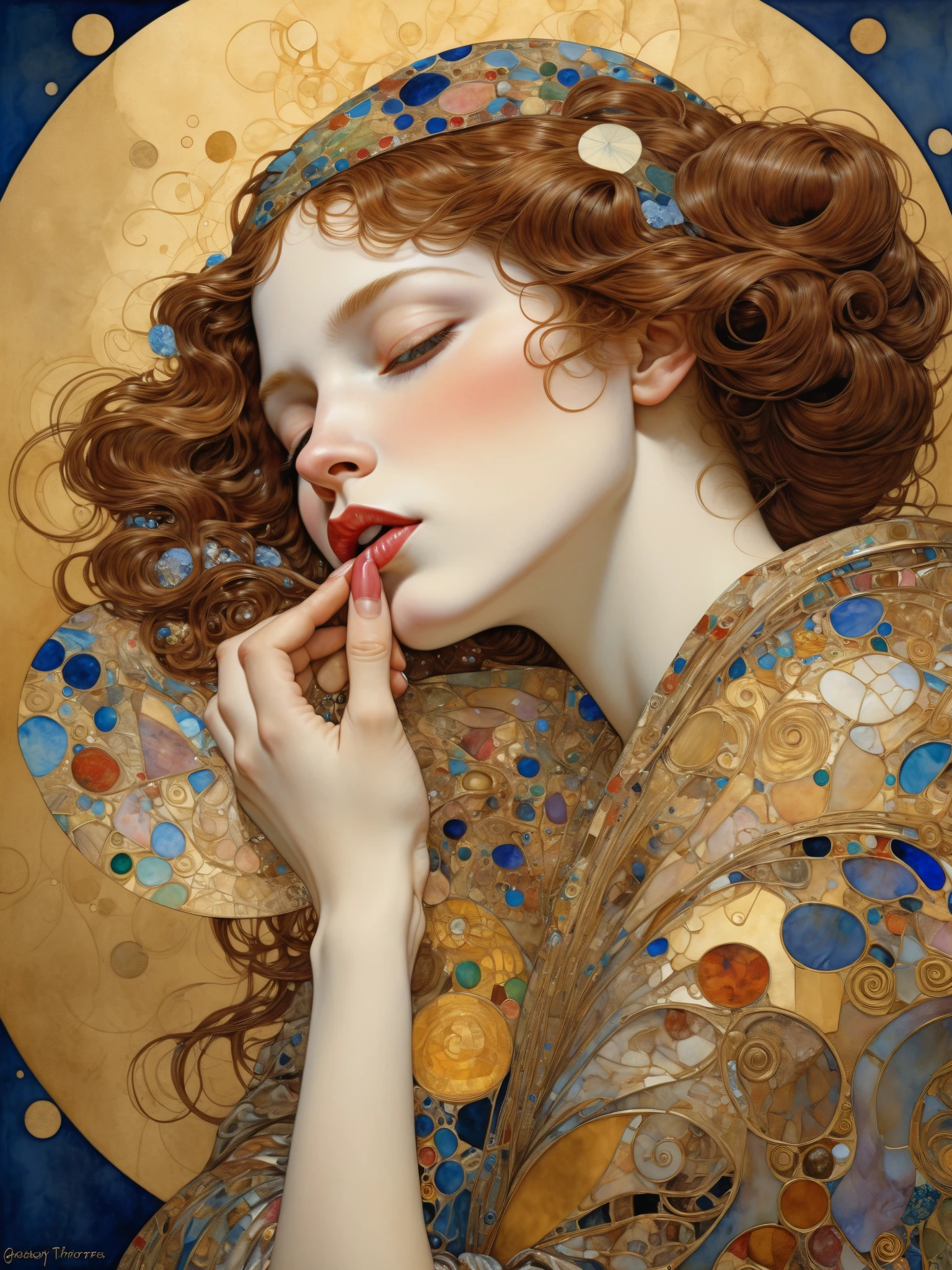 kissing lips woman by Gustav Klimt, artistic impressionist watercolor paint by Geoffroy Thoorens and James Christensen, intricate, cinematic lighting, highly detailed, smooth, sharp focus, perfect balanced style, amazing depth, complementary colors