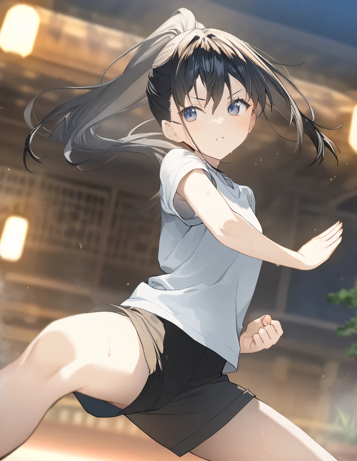 1girl, kung-fu, little female, parted lips, sweat, shorts, beautiful detailed eyes, stance, outdoors, game CG, break,(artist:akinashi_yuu),artist:fujiyama,artist:artist:yuugen,break,(masterpiece), (best quality), (ultra-detailed),(Detailed Lighting), very aesthetic, newest, beauty illustration,super detailed skin, (masterpiece), (best quality), (ultra-detailed), very aesthetic lighting,newest ,hi res,absurd_res,2023,(shaded),digital media (artwork), cinematic lighting, 16k, 8k,highres, source_anime, official_art, photoshop_(medium)