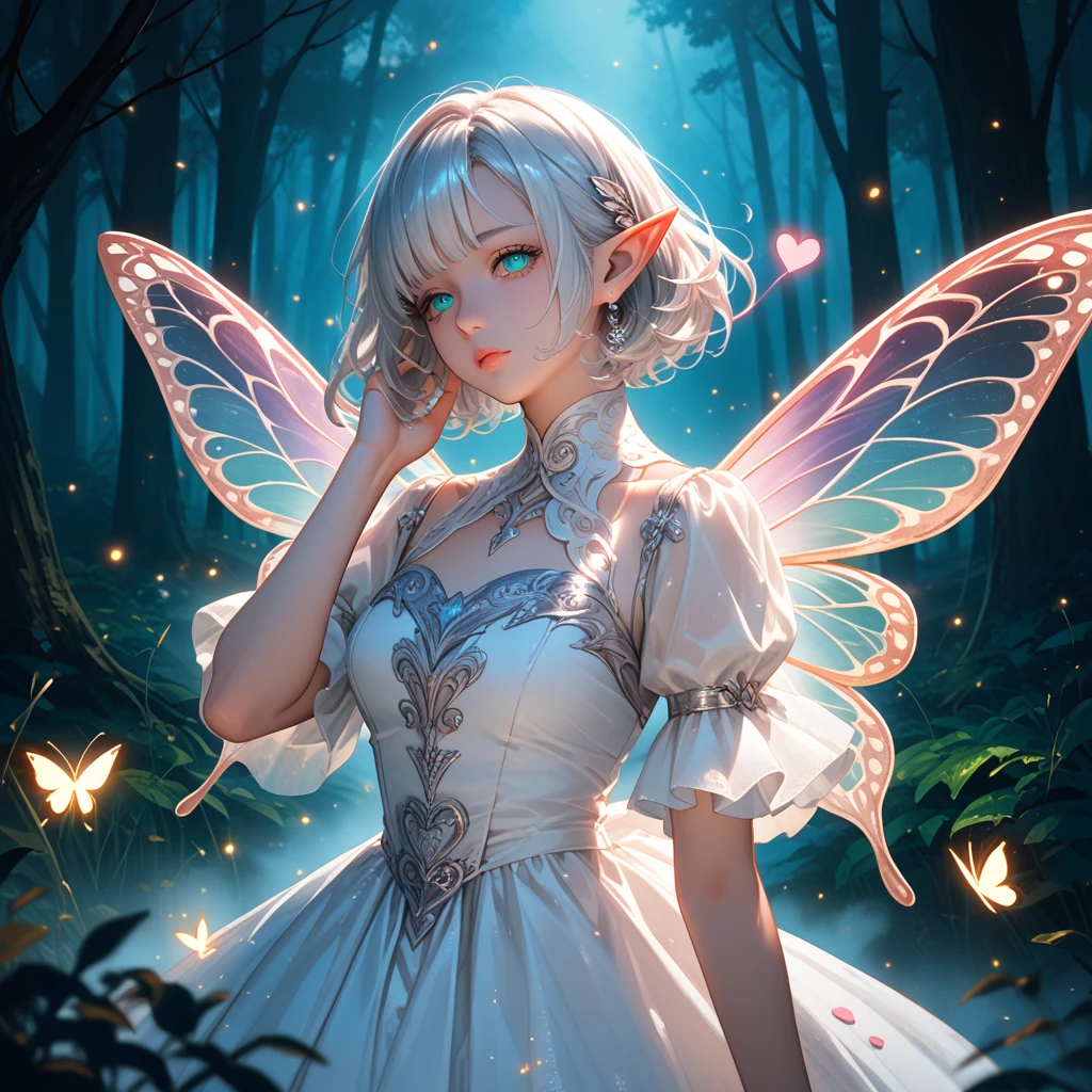 diaphanous wings flutter as she alights upon a crystalline flower, piercing amethyst eyes sparkling with mischief as she considers how to help convince her favorite playmate to let people love who they love. Gossamer gown Full body, pointy eared Fairy with long Bipectinate or clubbed antenna, long fluttering diaphanous glittering Multi-veined, prismatic membranous wings with iridescent properties, Celtic illumination makeup, gossamer gown, With a graceful sweep of her hand, she conjures a shower of stardust that coalesces into a shimmering portal, its luminous edges pulsing with cosmic energy.