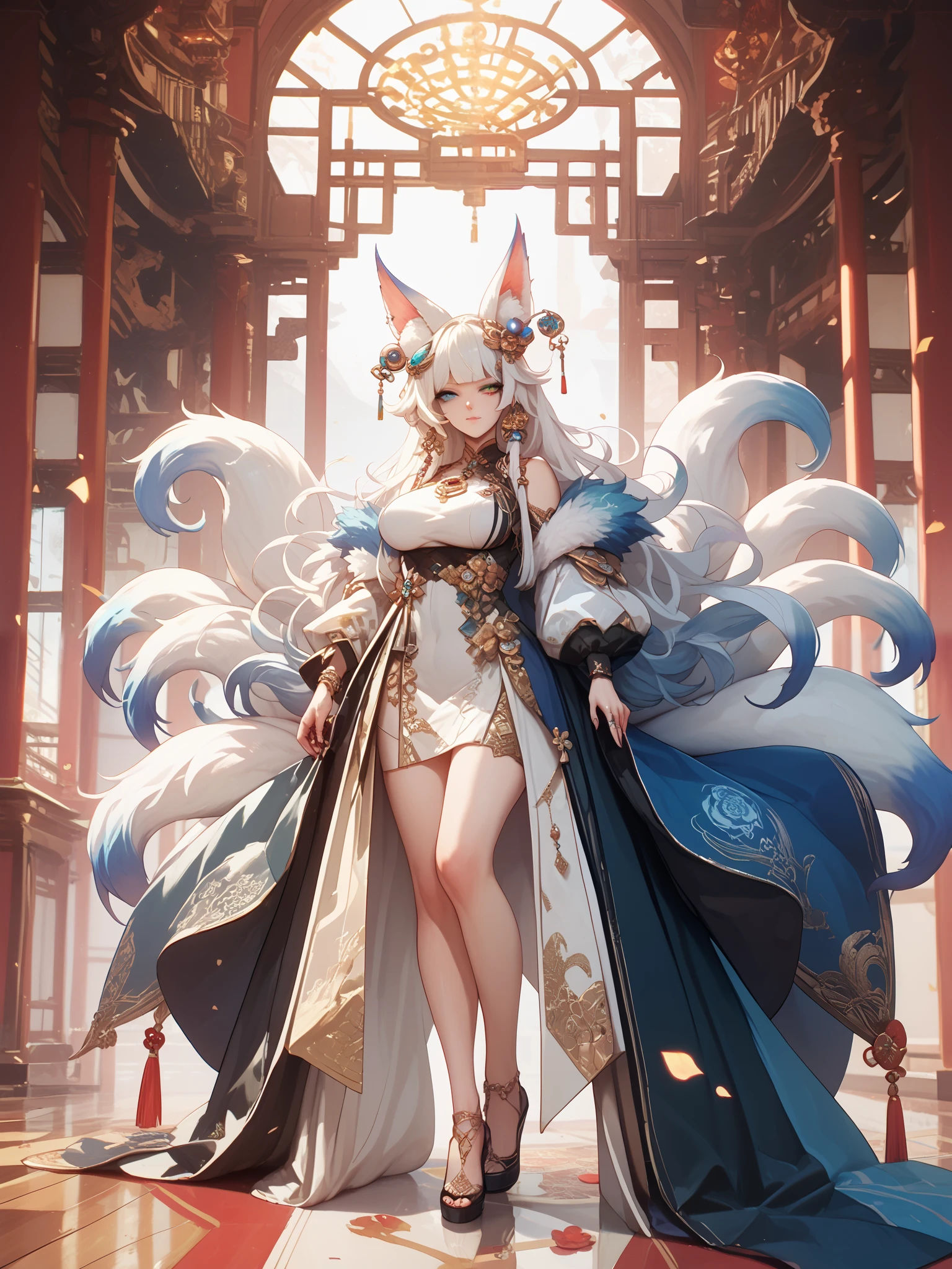 1girl, Long Hair, White Hair, Large breasts, Heterochromia, Hair Ornament, Jewelry, Anime, Anime Style, enermous mythical fox beast,Nine tails, intricate, full body depiction,