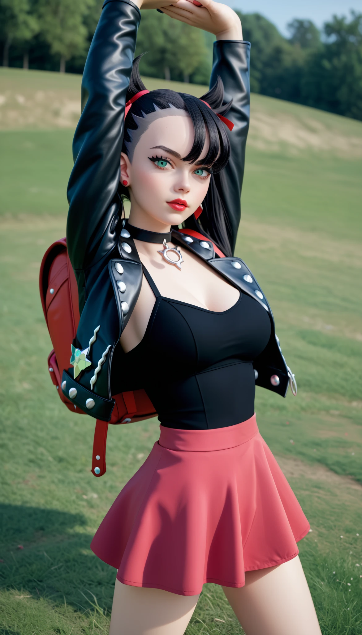 18 years old, standing, big breasts, Marnie_(Pokemon), (cammystretch, stretching, arms up), she is stretching while standing, looking at viewer, view from below, pokeballs laying around, outdoor grass backround, emerald-green eyes, dark-black hair, and very pale skin, slim, hairstyle with a partially shaved side, tufts of hair that resemble horns, and messy twin-tails tied with red ribbons. Her bangs are also on her right side and partially cover her eye,For clothing : Marnie wears an outfit that seems to be a mix of a tough and cute style. It consists of a studded black Gothic jacket, a pink mini dress with triangular holes cut into the bottom, three large studs, and an upwards pointed toe. For accessories, she wears a black choker around her neck with a circle and three spikes outside of it, along with a red diamond-shaped ear piercing. She also carries around a small red backpack that matches her hair ribbons.