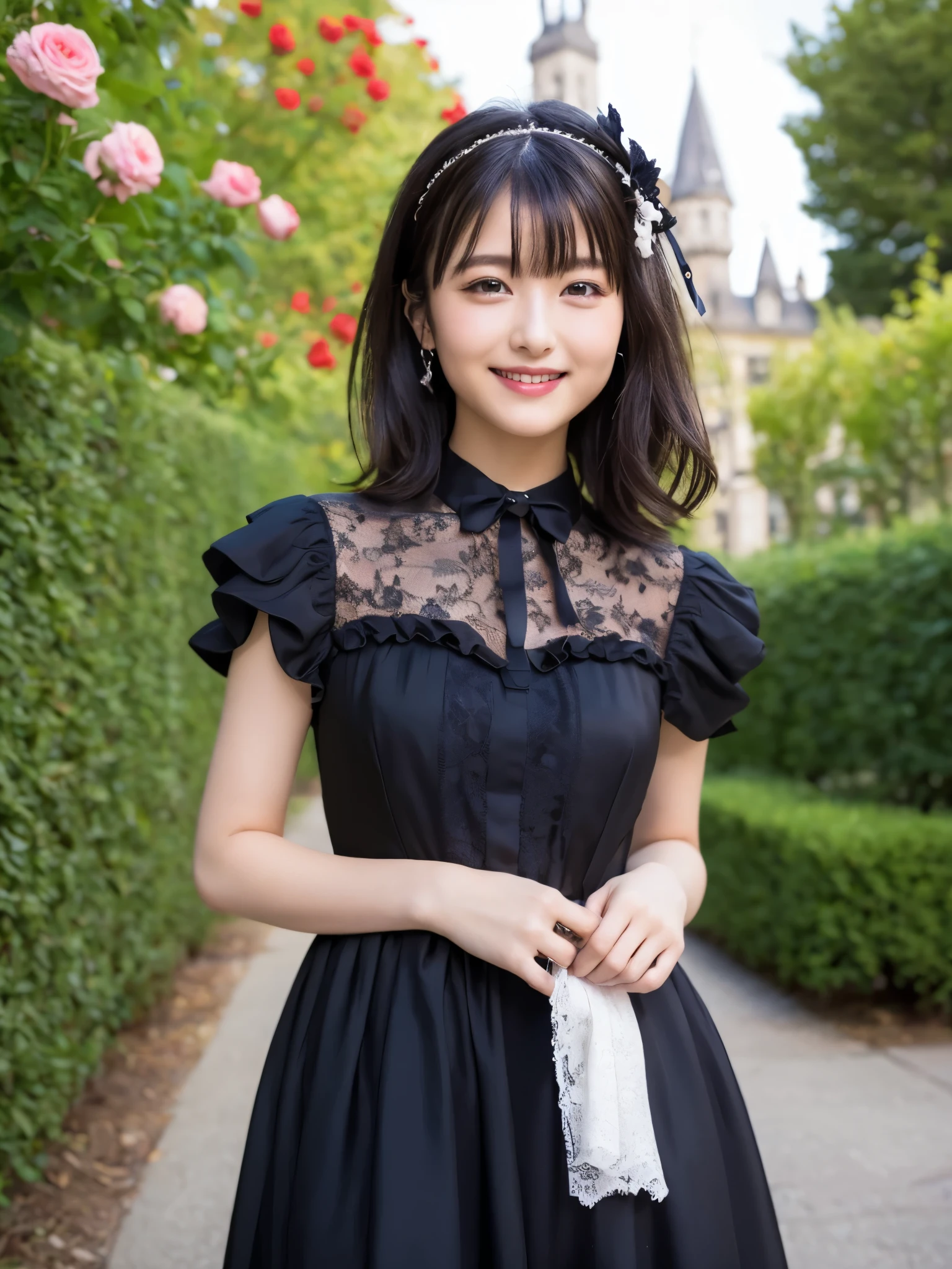 ( by Nomi, photo- by Nomi:1.37), Extremely Absurd, ( very well detailed:1.3), 8k, ( masterpiece), ( top quality:1.4), ( super high resolution :1.2), ( RAW Photo:1.2), very well detailed background, ( Unity 8K Wallpaper), 1 Nogizaka Girl , so cute, , s, ( Gothic ta Fashion), Delicately Drawn Beautiful Face, Eyes and Skin, detailed black shiny hair , Elegant frills, Ruffled tie, ribbon tie , rose hair accessory, Delicate Lace Dress , Soft fabric, beautiful rose patterns , smiling at camera, was taken by a cowboy, European castle landscape, professional lighting