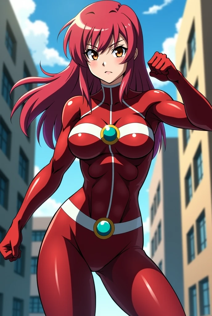 My Hero Academia Style , Anime girl, female, young female,muscular female,Full Body Shot,(fighting Pose:1.5),Long hair, Red Hair, Brown Eyes,Hero Suit, Full Body Suit, red suit with white details,small round blue jewel in the center of the , perfect , Toughened Abs,super detailed,(Buildings:1.2)