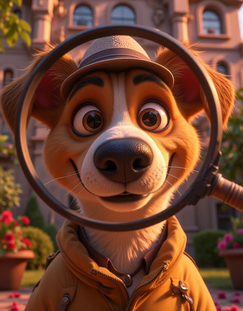 ((UHD,8k render,Cartoon style,Pixar style))  close-up, , a funny funny dog ,  in the clothes of a 1960s detective wearing a hat and raincoat looking at us( into the camera through a large magnifying glass held in his paw , against the background of a mansion ,  funny style ,cartoon style, maximum quality ,dog detective 