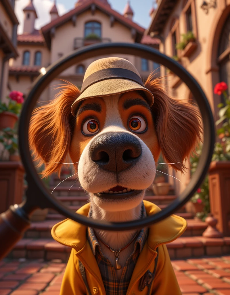 ((UHD,8k render,Cartoon style,Pixar style))  close-up, , a funny funny dog ,  in the clothes of a 1960s detective wearing a hat and raincoat looking at us( into the camera through a large magnifying glass held in his paw , against the background of a mansion ,  funny style ,cartoon style, maximum quality ,dog detective 