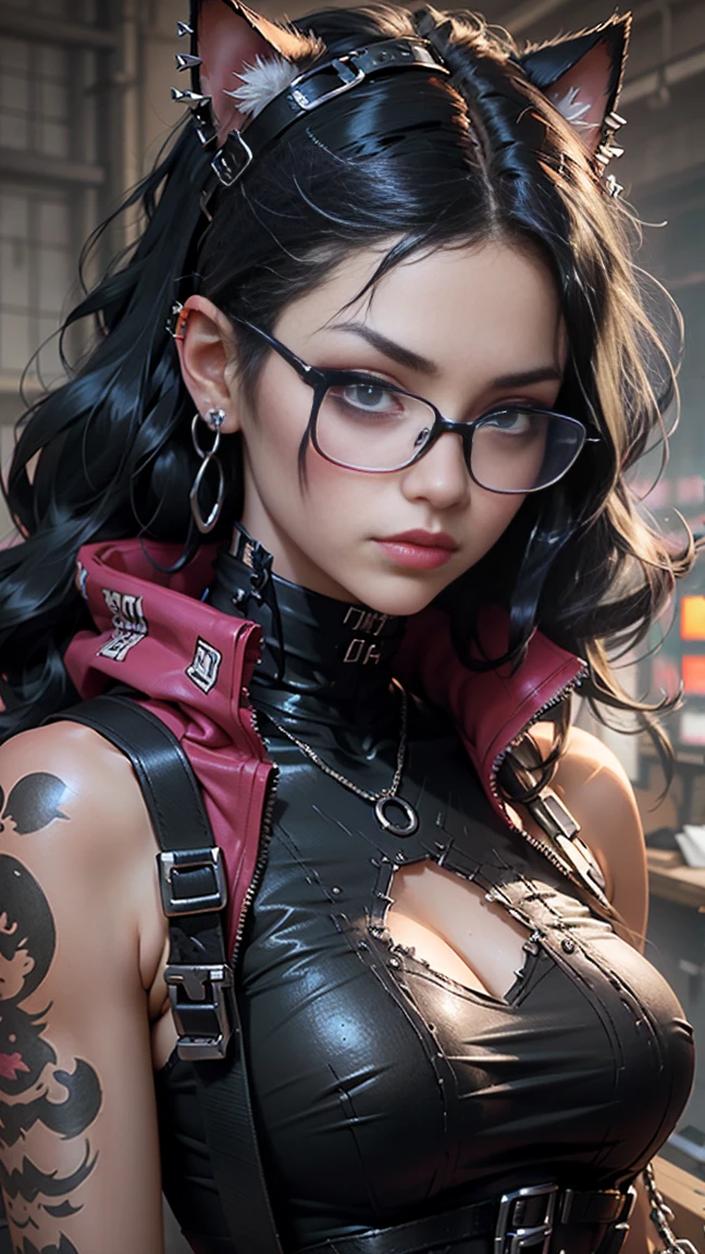 woman with black lipstick and a black jacket sitting on a chair, darkwave goth aesthetic, goth aesthetic, goth girl aesthetic, goth girl, gothic horror vibes, androgynous vampire, gothic aesthetic, ominous gothic aesthetic, goth vibe, cute goth girl, goth style,  anime goth girl , tan skin, round glasses, large breasts