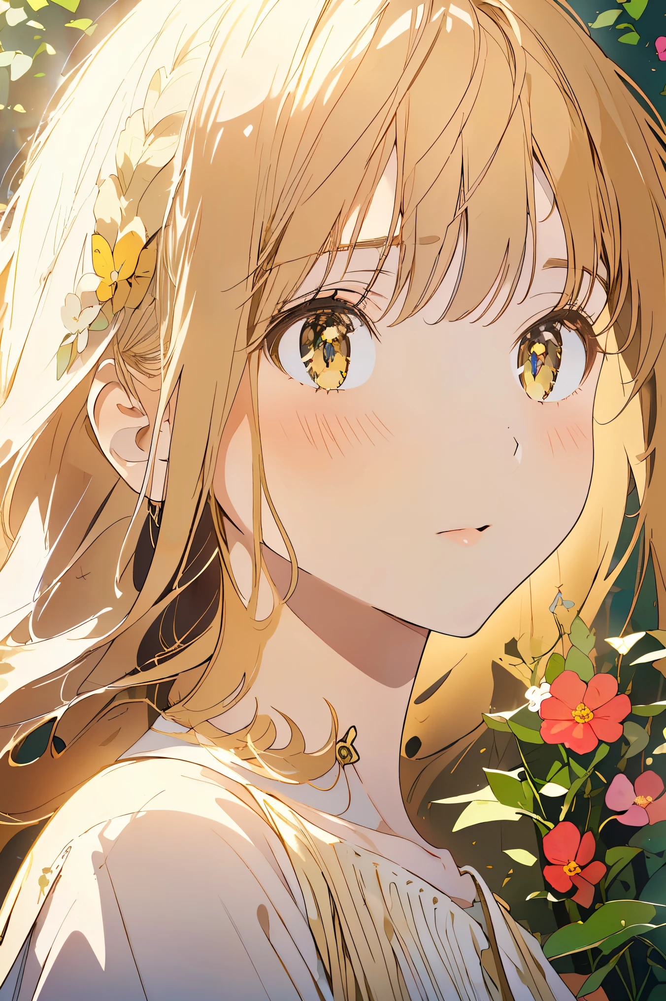 ((best quality)), ((masterpiece)), (detailed), perfect face, ((Best quality, 8k, Masterpiece: 1.3)), Sharp focus A beautiful woman, Highly detailed face and skin texture, Detailed eyes, Double eyelid, A girl with a large flower decoration in her hair, hibiscus, phalaenopsis, dahlia, yellow hair, from below, cowboy shot