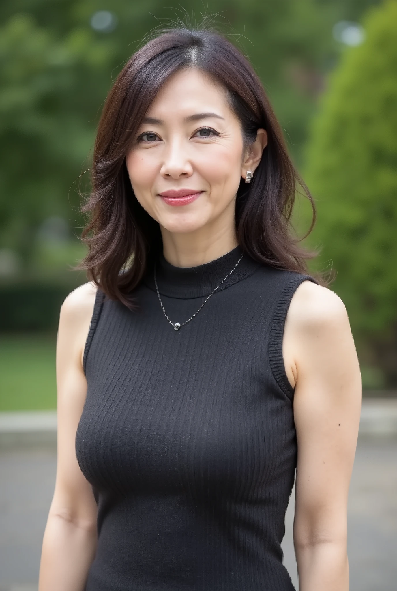 Beautiful middle-aged woman standing in a park (48 years old: 1.4),  wavy dark hair ,Slender and long legs, fine laugh lines: 1.2, and a bewitching smile .   。 sharp facial details  ,  amazing beauty (Ultimate beauty),  It features 、 (lipstick: 1.1), ( eyeliner: 1.2),  mascara,  and eyeshadow .  model exudes elegance and confidence ,   large garden near  , photo by Nomi quality ( by Nomi: 1.2, hyper by Nomi: 1.1, photo by Nomi: 1.37),   Unmatched Beauty's live venue ,  and formal aesthetics   (1.4).   The image is rendered with sharp focus   (1.4),  allows depth of field,   and physical base rendering  .  Each fashion pattern has sophisticated seasonal styling, 。 The image exudes clarity and refinement  。Moss colored turtleneck sleeveless knit dress,  with makeup including a blurred abstract background 、  reflects quiet refinement .