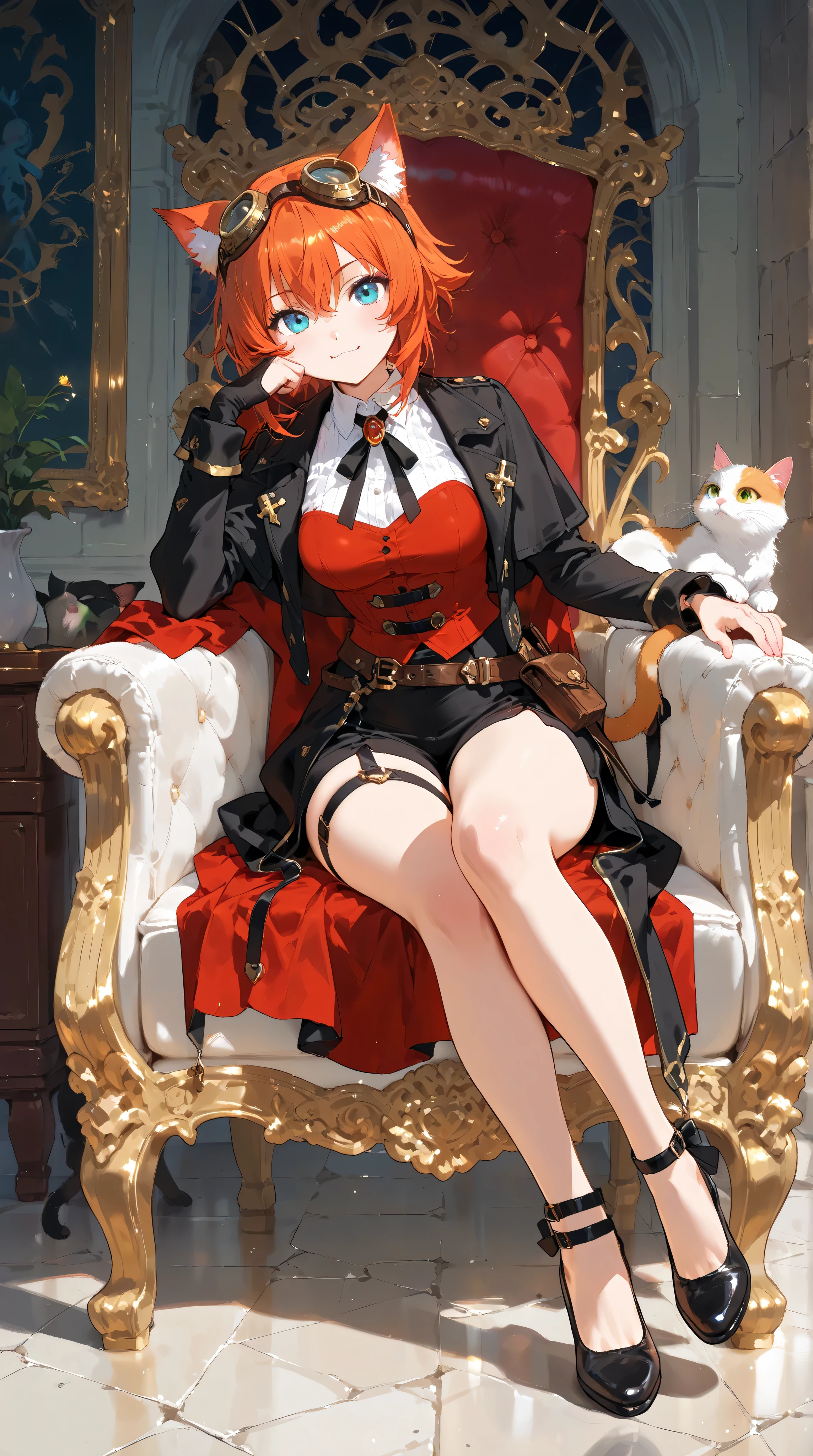 ((1 male:1.2))、 HDR animation , Cat ears、 goggles, (Full body shot from 45度斜め上から:1.1)、(Moment with a sense of dynamism in a deadly move that boldly uses the whole body:1.2)、Sitting cross-legged on the throne in the Demon Castle 、Put on a cheek stick and sit on the throne、 Best Masterpiece Movie Animation, A cute portrait of an adult, The contrast and transparency of the shadows are beautiful . ( A masterpiece with clear depiction and ultra-high resolution :1.1), Pyramid of the Cat Woman