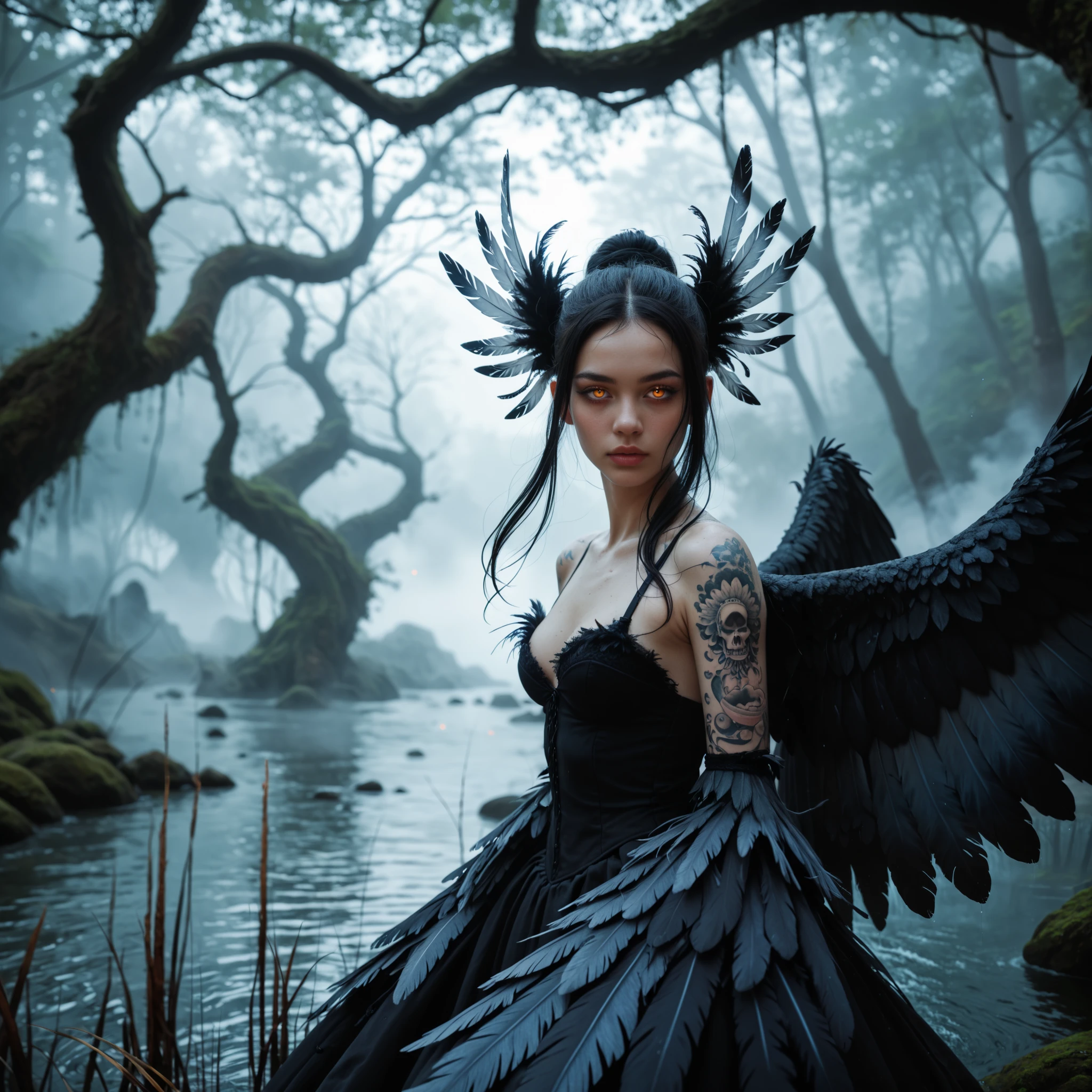 In a Dark Forest, within a mystical swamp, stands a breathtakingly beautiful young woman (25 years old) with a highly detailed face. She has an elegant, slender nose, delicate facial features, amber-glowing eyes, and long dark hair adorned with feathers. Behind her, two massive, intricately detailed owl-like wings spread wide, while her arms are covered in iridescent, soft feathers. A tattoo with an abstract ornamental design decorates her shoulder. Her chest is veiled by dark feathers, with no jewelry or adornments. Thick, mysterious fog flows over the water and between the trees, creating an eerie, otherworldly presence. A faint mystical glow pierces through the mist, emphasizing her enigmatic appearance. The atmosphere blends gothic, dark fantasy, and realism, infused with magic, depth, and an ethereal, dreamlike effect. The mist drifts above the water, enhancing the scene’s surreal beauty.